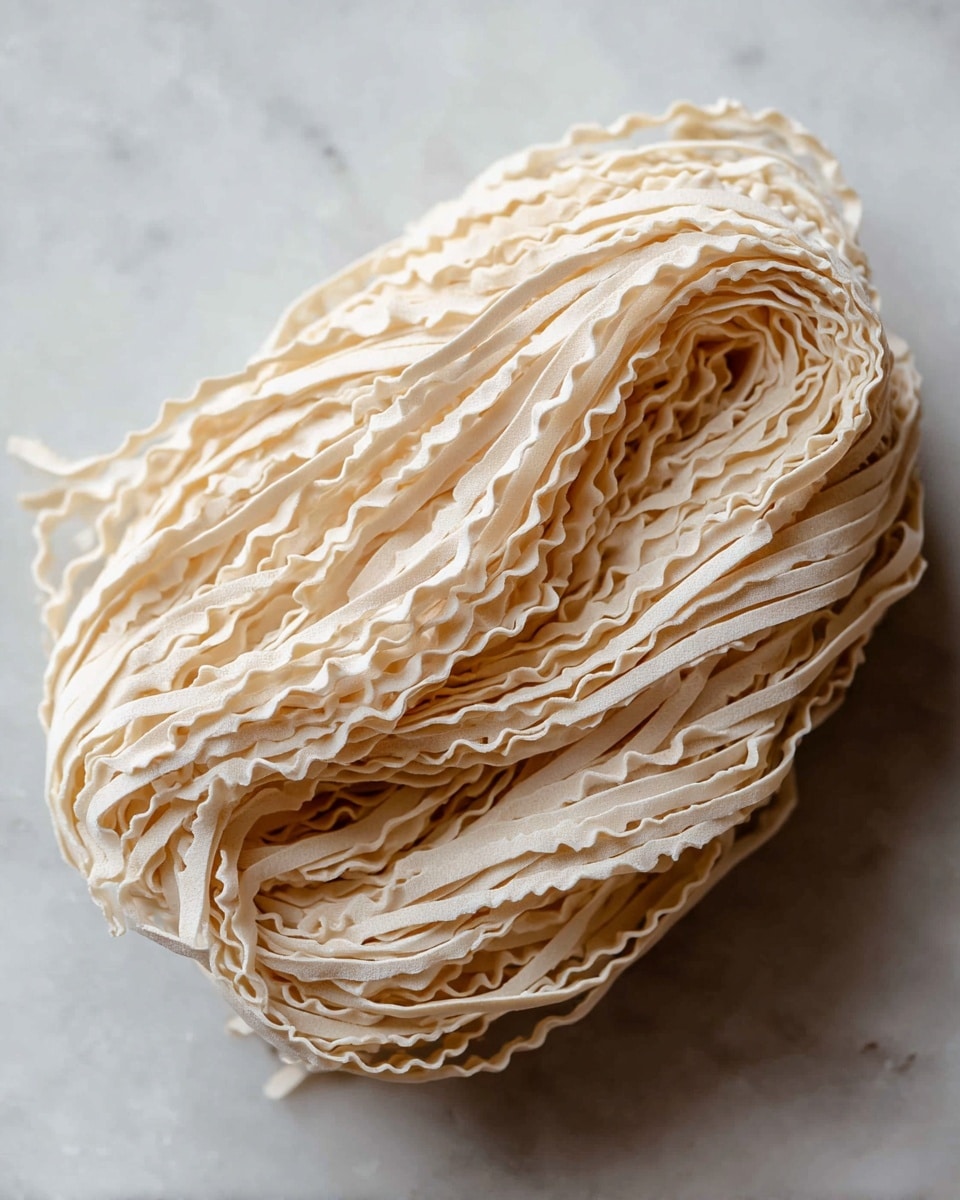 A single bundle of pale beige pasta with wavy edges is neatly piled on a white marbled surface. The pasta strands are thin and long, layered closely together, creating a textured and delicate look. The bundle forms an irregular oval shape with layers overlapping each other gently. Photo taken with an iphone --ar 4:5 --v 7