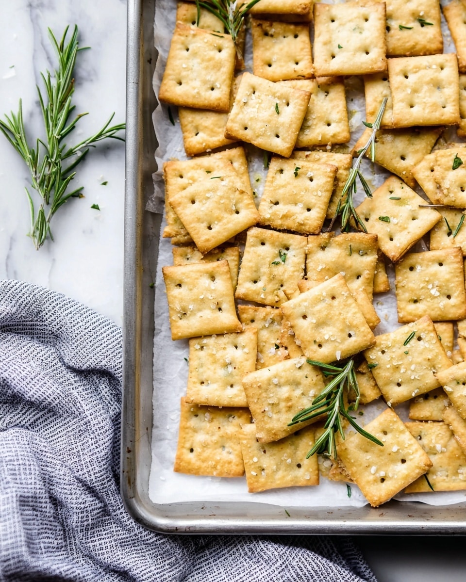 A baking tray filled with square, golden crackers that have a slightly uneven surface with small holes in the center of each cracker. The crackers are lightly sprinkled with coarse salt and tiny bits of green herbs, giving them a speckled look. Scattered fresh rosemary sprigs add a pop of bright green on top. The tray is lined with white parchment paper, and the tray sits on a white marbled surface with a gray and white striped cloth partially visible on one side. The lighting is bright and natural, showing the crackers' crisp texture clearly photo taken with an iphone --ar 4:5 --v 7