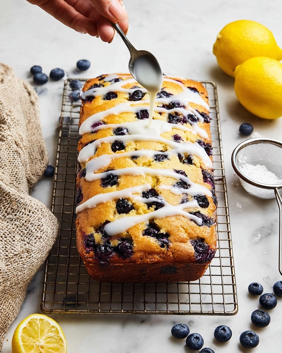 A rectangular golden brown blueberry cake with visible dark purple blueberries spread evenly throughout the top layer, resting on a metal cooling rack over a white marbled surface. A woman's hand is holding a spoon above the cake, drizzling thick white icing in curved lines across the top. Around the cake, there are fresh blueberries scattered on the white marbled surface, two bright yellow lemons on the right side, and a small sieve with powdered sugar in the background. A beige textured cloth is partially visible on the left side. Photo taken with an iphone --ar 4:5 --v 7