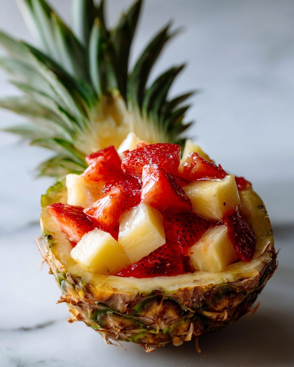 A hollowed-out pineapple half is filled with chunky fruit pieces, showing two layers: a bottom layer of pale yellow pineapple cubes and a top layer of vibrant red strawberry chunks. The pineapple shell has a rough, brown and yellow texture with green leaves fanning out at the back. To the side, blurred crisp brown chips lie on a white marbled surface under soft natural light. The fruit pieces look fresh and juicy, slightly shiny with moisture, creating a colorful and inviting contrast inside the pineapple bowl photo taken with an iphone --ar 4:5 --v 7