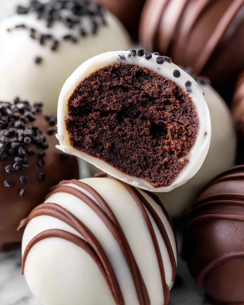 The image shows a close-up of several round truffles on a white marbled surface. One truffle is bitten to reveal a dense, dark brown interior with a moist texture. The outer layer is smooth and shiny chocolate coating; some are white chocolate with small dark sprinkles on top, while others are milk chocolate with thin, swirling stripes of a lighter chocolate on the surface. The truffles are arranged closely together, showing contrasts between the white and milk chocolate coatings. Photo taken with an iphone --ar 4:5 --v 7