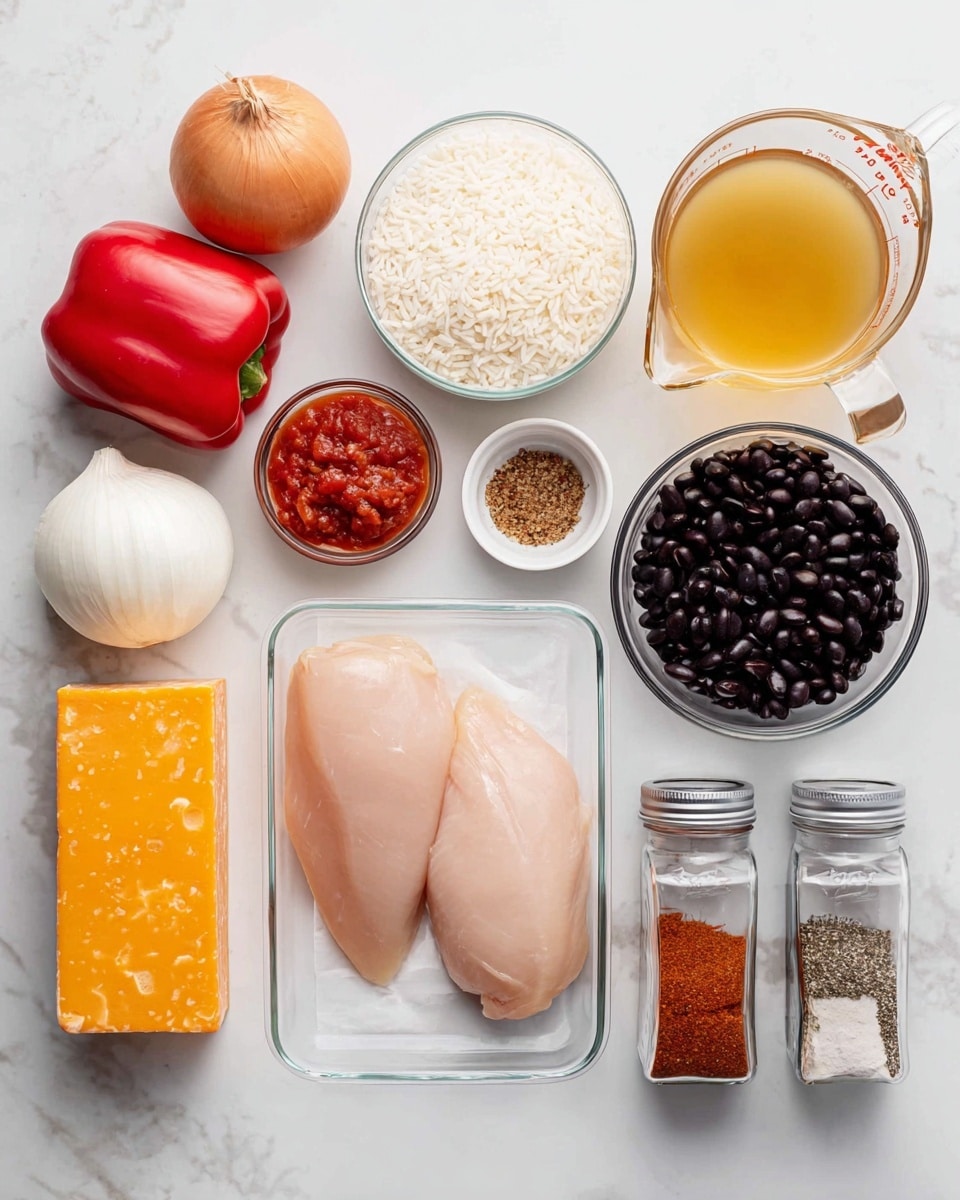 The image shows raw ingredients arranged neatly on a white marbled surface. In the center, there is a clear plastic tray with two smooth, pale raw chicken breasts. To the right of the tray, there is a glass measuring cup filled with a light golden broth, and next to it, a small glass bowl filled with dark black beans. Below the beans, an orange block of cheese rests on a white-handled cheese grater. On the left side, a red bell pepper, a whole yellow onion, and a whole garlic bulb are placed in a line. Above them, a clear glass bowl holds white rice, and next to it, another glass bowl contains chunky red salsa. Below the vegetables, a small white bowl holds brown spice powder, and next to it, a small open container has a red seasoning mix. Below the chicken, two glass jars with metallic lids hold black pepper and salt, both with clean, simple labels. The whole scene is bright and clean with natural lighting, showing a ready set of ingredients before cooking, photo taken with an iphone --ar 4:5 --v 7