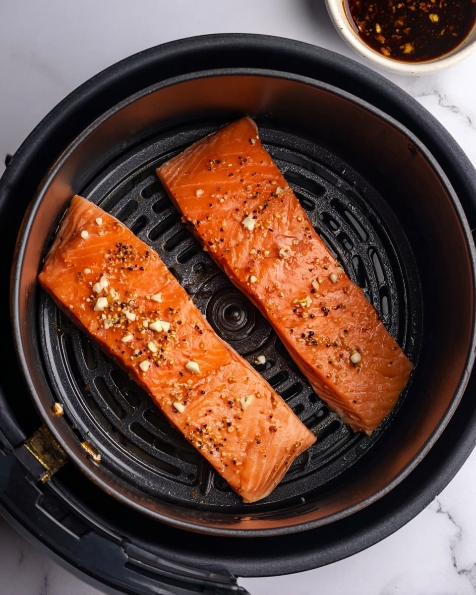 Two raw salmon fillets lie flat inside a black air fryer basket. Each fillet is bright orange with a smooth, slightly shiny texture, sprinkled evenly with small pieces of chopped garlic and black pepper. The basket's circular pattern is visible beneath the fillets. The air fryer sits on a white marbled surface, with part of a small white bowl containing dark sauce visible in the upper right corner. Photo taken with an iphone --ar 4:5 --v 7