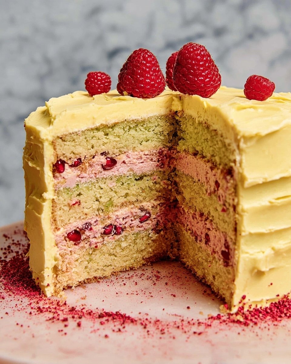 A three-layer pink cake sits on a white marbled surface, each sponge layer thick and soft in texture. Between the cake layers are two fillings: a greenish-yellow cream mixed with bright red pomegranate seeds, adding texture and color contrast. The entire cake is covered with smooth yellow frosting that spreads evenly but with slight waves, topped with three fresh red raspberries placed on the upper edge. There is a sprinkle of red powder around the base and on top of the frosting, enhancing the look. A slice is missing from the cake, showing the detailed layering inside. Photo taken with an iphone --ar 4:5 --v 7