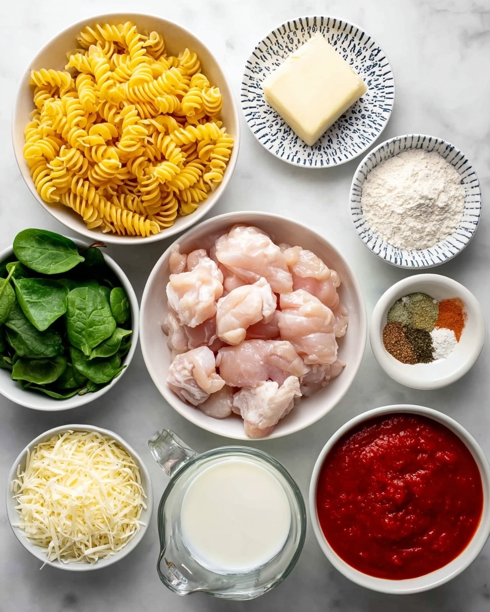 A top-down view of several small white bowls arranged on a white marbled surface, each containing a different ingredient: raw pale pink chicken pieces in a central bowl, bright yellow dry spiral pasta in a bowl to the top left, dark red tomato sauce in a bowl at the bottom right, shredded white cheese in a bowl to the right, fresh green spinach leaves in a bowl to the bottom left, and a clear glass measuring cup filled with white milk to the bottom center. There are also three small white patterned plates at the top with a piece of pale yellow butter, white flour, and three small piles of mixed dried spices including light brown, green, and red flakes. photo taken with an iphone --ar 4:5 --v 7