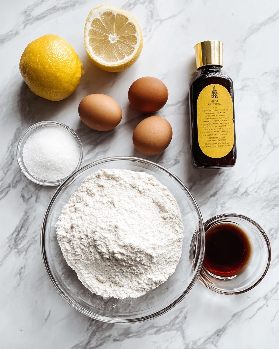 The image shows baking ingredients placed on a white marbled surface. There are two halves of a bright yellow lemon at the top left. Next to the lemons, three brown eggs are arranged in a triangle. To the right side, there is a dark brown bottle with a yellow label and a gold cap. Below the eggs and bottle are three clear glass bowls: the largest one at the bottom contains white flour with a slightly rough texture, the medium-sized one on the left holds fine white sugar, and the smallest one in the middle has white baking powder mixed with a little salt. To the right of the smallest bowl is a small glass cup with a dark amber liquid, likely vanilla extract. The colors are mainly white, yellow, brown, and amber, all set cleanly on the white marbled surface. Photo taken with an iphone --ar 4:5 --v 7