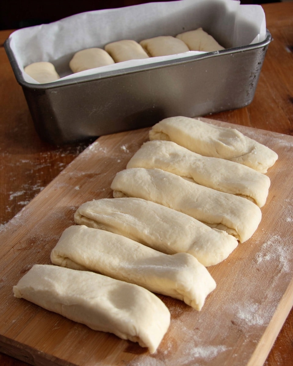 The image shows eight pieces of soft, pale dough, each rolled into thick, uneven sticks and placed in a row on a wooden board. At the back, there is a metal loaf pan lined with white parchment paper, ready for the dough pieces to be arranged inside for baking. The dough has a smooth texture with slight wrinkles and some folds visible on the edges, all laid out on the wooden surface that has faint dusting of flour. Photo taken with an iphone --ar 4:5 --v 7