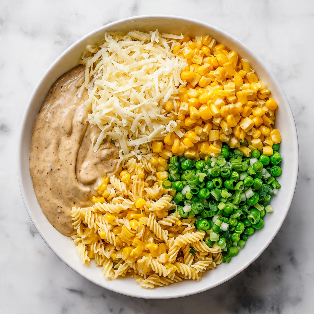 A white bowl contains a mixture of ingredients arranged in distinct sections. In the bottom left, there is a light brown creamy sauce that looks smooth and thick. Above it, there are two piles of shredded white and light yellow cheese sitting side by side. On the right half of the bowl, there are bright yellow corn kernels with some grill marks mixed with vibrant green peas and chopped green onions, creating a colorful contrast. Small pieces of light yellow fusilli pasta are scattered among the vegetables. The bowl is set on a white marbled textured surface. photo taken with an iphone --ar 4:5 --v 7