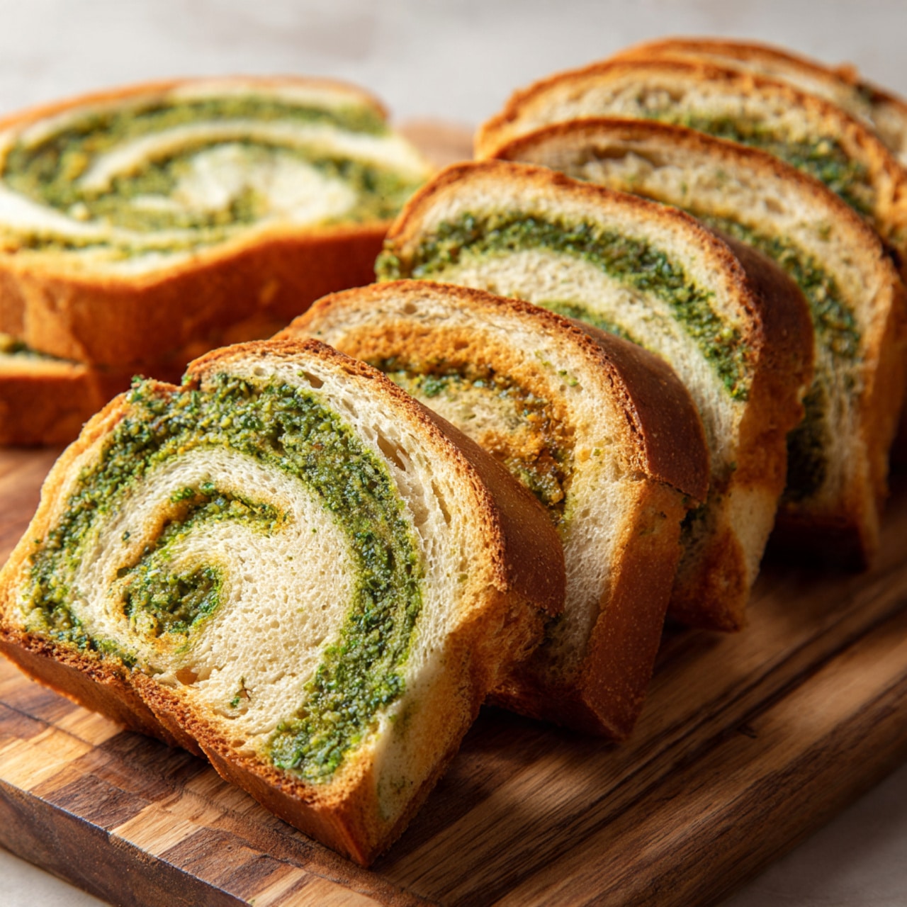 A loaf of bread with green swirled layers is placed on a wooden cutting board with five slices fanned out around it. The bread has a golden-brown crust with textured green herbs or pesto swirling through each light beige slice in thin wavy lines. The inside looks soft and moist with visible pockets. A black-handled knife rests nearby on the board. The background is a white marbled texture. photo taken with an iphone --ar 4:5 --v 7