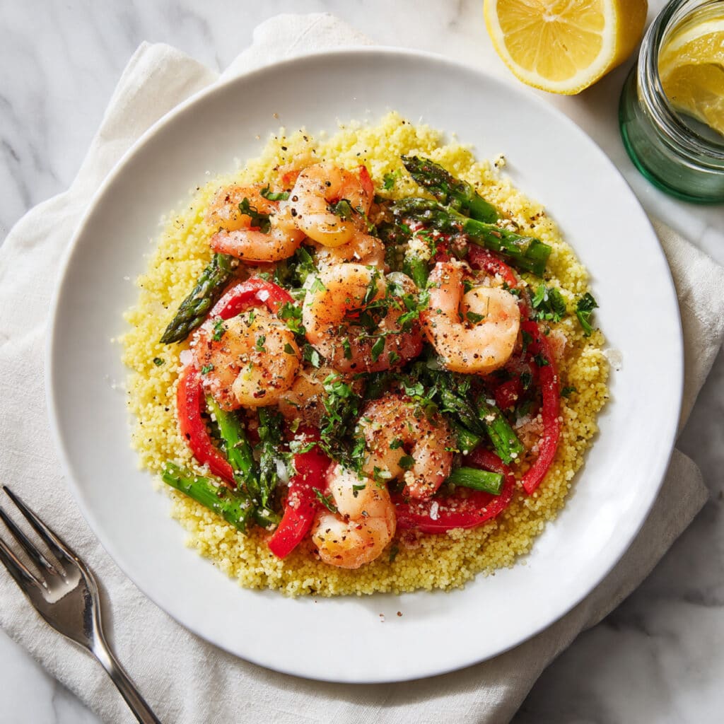 Shrimp Couscous with Herb Sauce and Roasted Vegetables Recipe