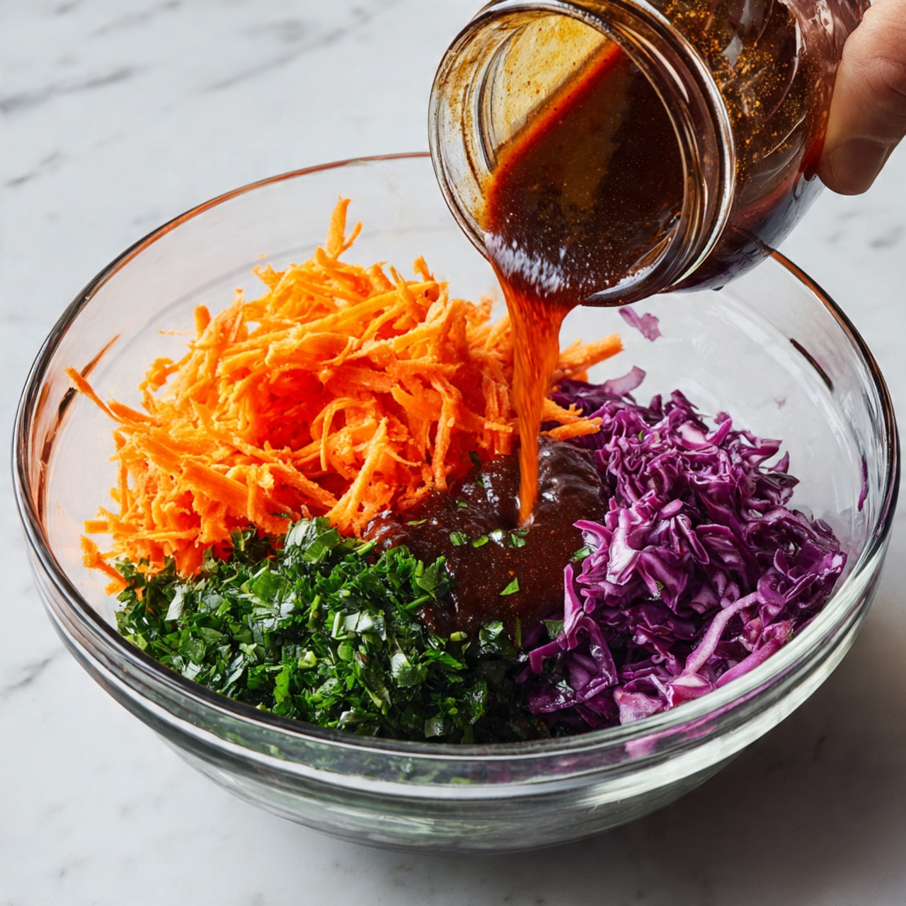 A clear glass bowl sits on a white marbled surface with three visible layers inside: shredded bright orange carrots on the upper left, finely cut dark green herbs on the lower left, and thinly sliced purple cabbage on the right side. From the top right, a woman's hand pours a dark brown sauce from a small clear glass jar into the center of the bowl, creating a glossy, thick stream that falls between the vegetables. The bowl and vegetables have bright, fresh colors with a clean, simple look. photo taken with an iphone --ar 4:5 --v 7
