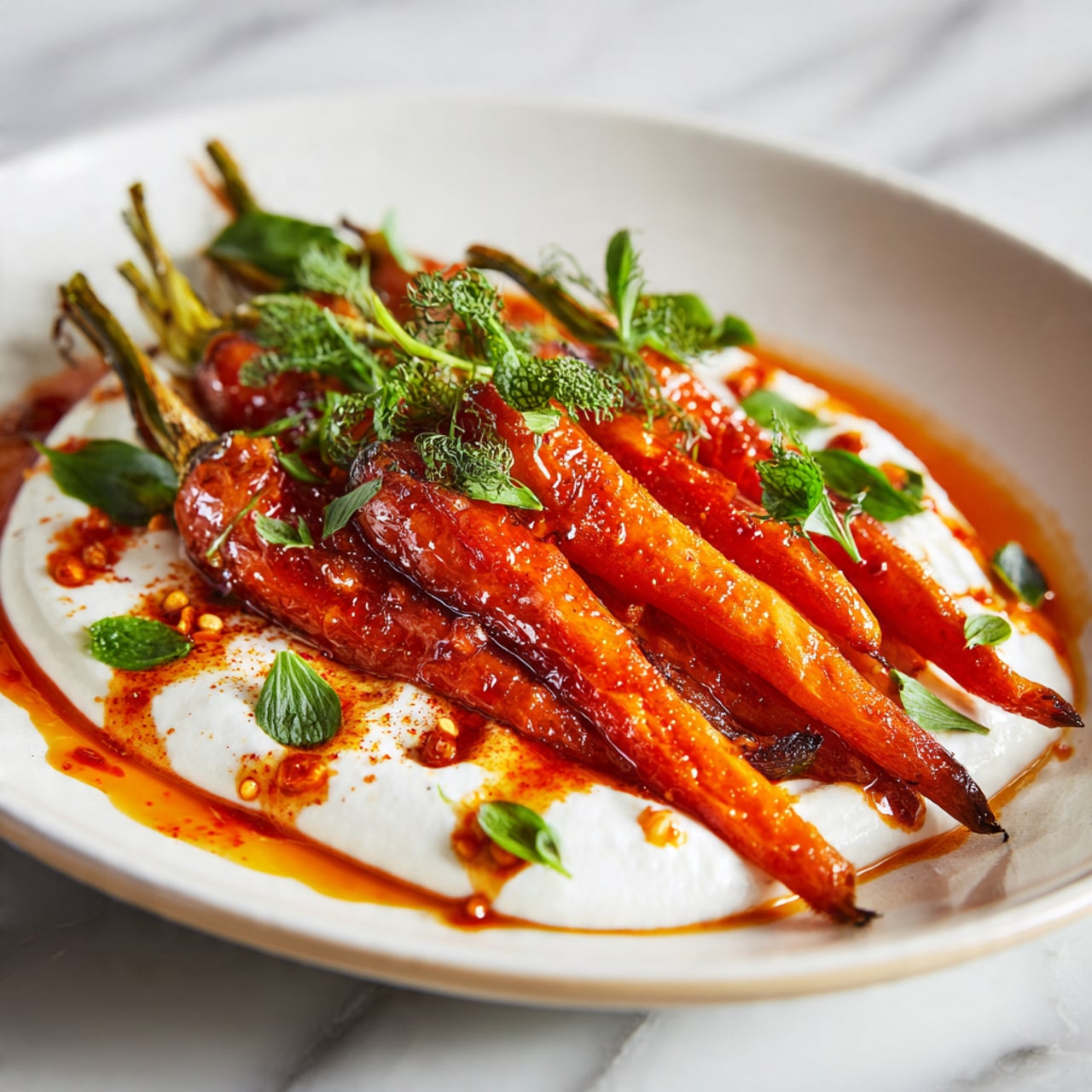 The dish shows a close-up of roasted carrots, about eight placed in a pile on the right side of a white plate. The carrots have a shiny, glistening burnt orange color with a red sauce drizzled and spread unevenly over them. The orange carrots are on top of a thick, creamy white layer spread smoothly across the plate base. Small green herb pieces are scattered on the carrots and the white layer for a fresh contrast. The plate sits on a white marbled surface. The photo appears bright and sharp, taken with an iphone --ar 4:5 --v 7