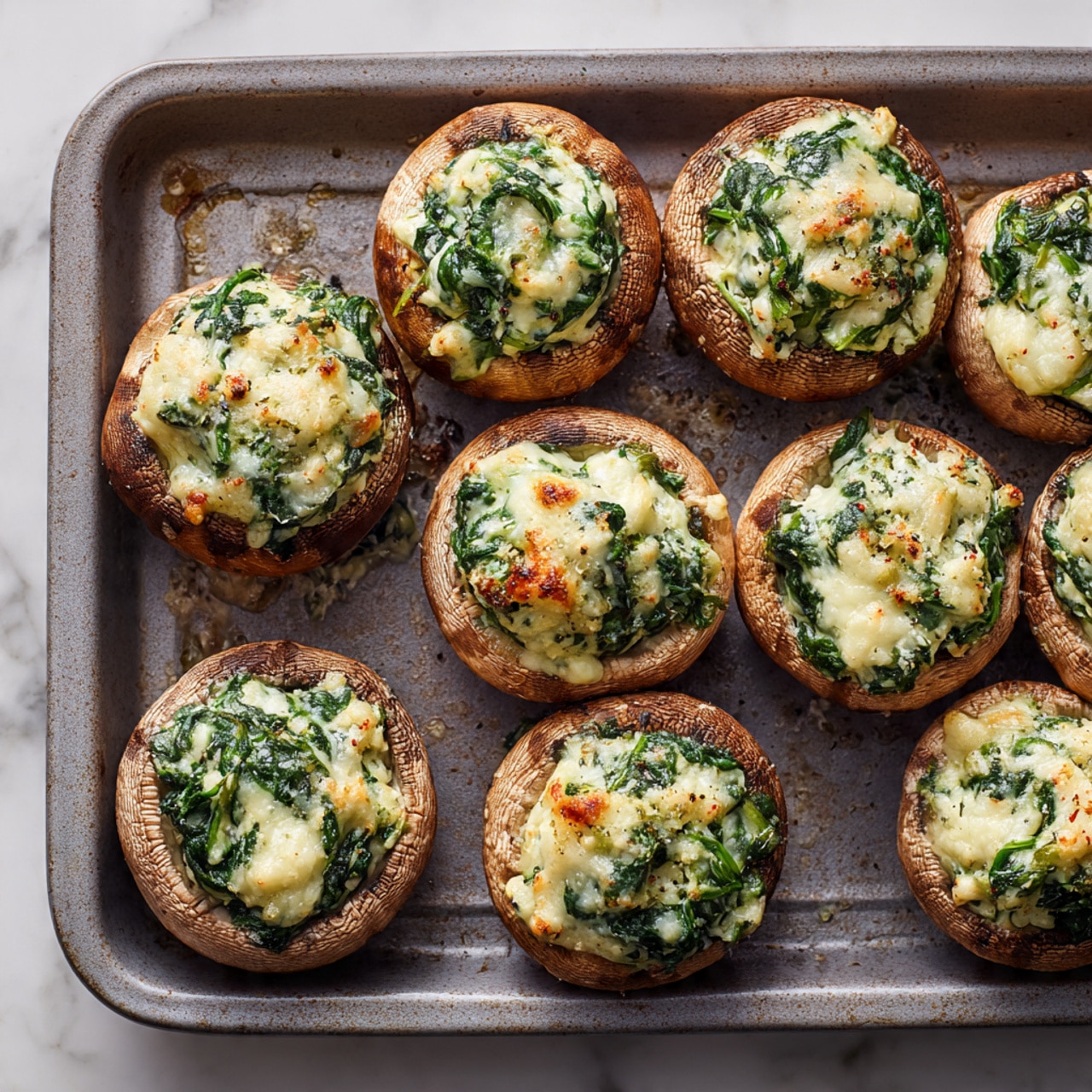 This image shows a close-up of a stuffed mushroom cut in half, resting on a white marbled surface. The bottom layer is a smooth, dark brown mushroom cap, topped with a creamy white mixture that contains bright green chopped herbs and small bits of other ingredients. The top layer is a golden-brown, crispy crumb mixture that adds texture and contrasts with the soft filling beneath. There are small bits of green herbs scattered around the surface, adding more color and detail. In the background, more stuffed mushrooms blur softly. photo taken with an iphone --ar 4:5 --v 7