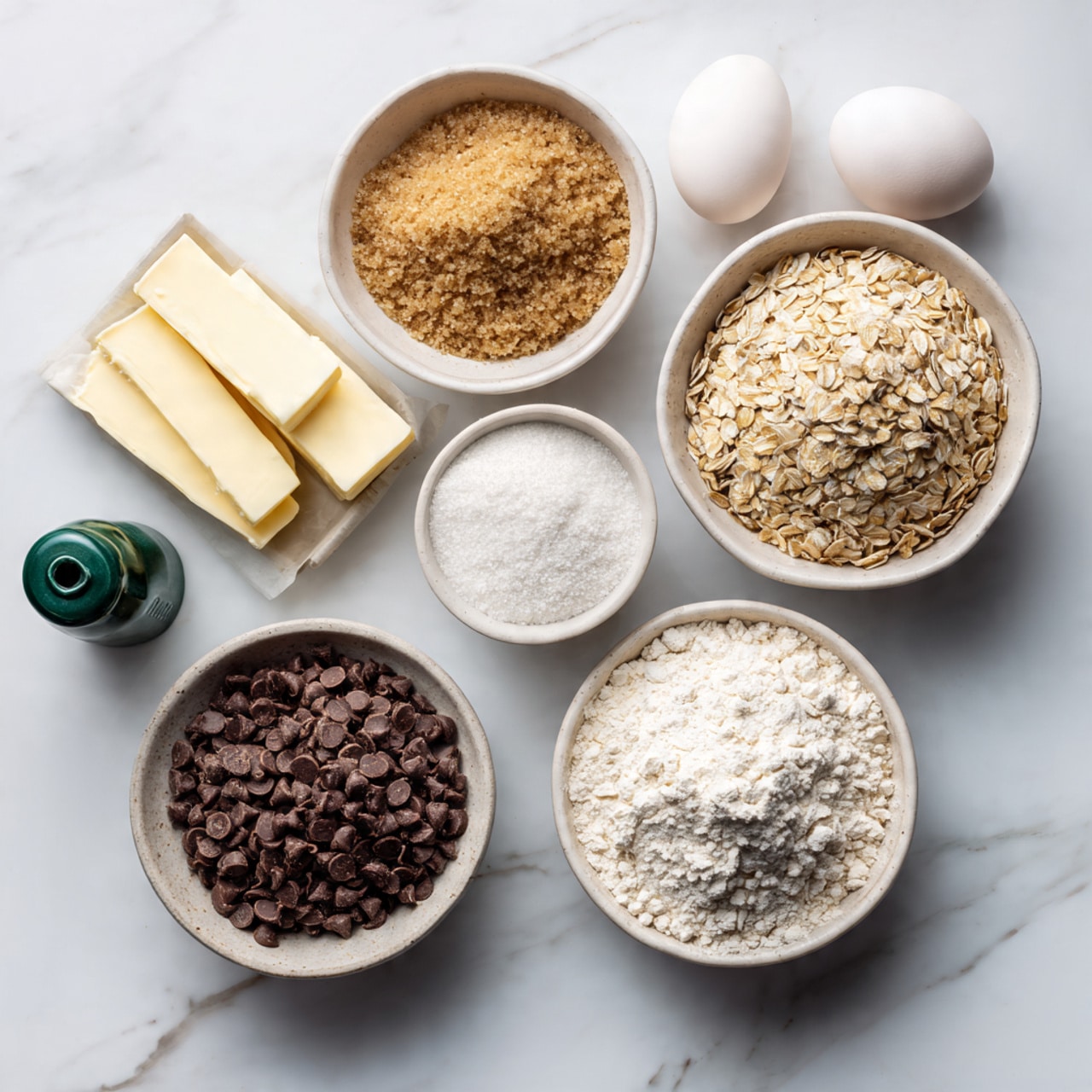 The image shows six white bowls and two eggs placed on a white marbled surface. The largest bowl near the bottom contains white flour with a soft, powdery texture. To the right of it, there's a bowl filled with light brown sugar that looks soft and loose. Above that is a bowl of light tan rolled oats with a rough texture. Below the oats, a bowl is filled with dark chocolate chips, dense and shiny. In the middle, a small bowl holds three white powders that seem like baking soda, baking powder, and salt. Next to them are two pale yellow sticks of butter stacked side by side. Near the top left, two white eggs rest close to a small dark green spice bottle. The arrangement is neat and spread out evenly, all on a smooth white marble background. photo taken with an iphone --ar 4:5 --v 7