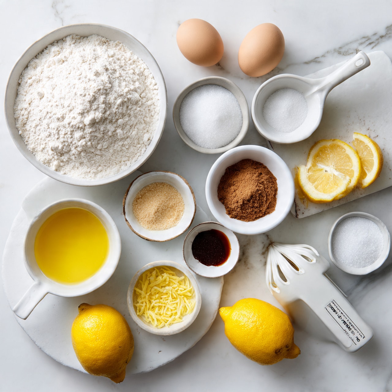 The image shows a top view of several white bowls and a white measuring cup placed on a white marbled surface. There are two whole eggs in one bowl, white flour in a bowl in the center, powdered sugar in a measuring cup, granulated sugar and brown sugar in small bowls, lemon zest and lemon juice in separate bowls, and vanilla extract in a small shallow bowl. A lemon is squeezed on the side, and two whole lemons are placed to the side. A white lemon squeezer with a squeezed lemon peel rests on the right side. The overall look is clean and simple with a focus on the ingredients. photo taken with an iphone --ar 4:5 --v 7