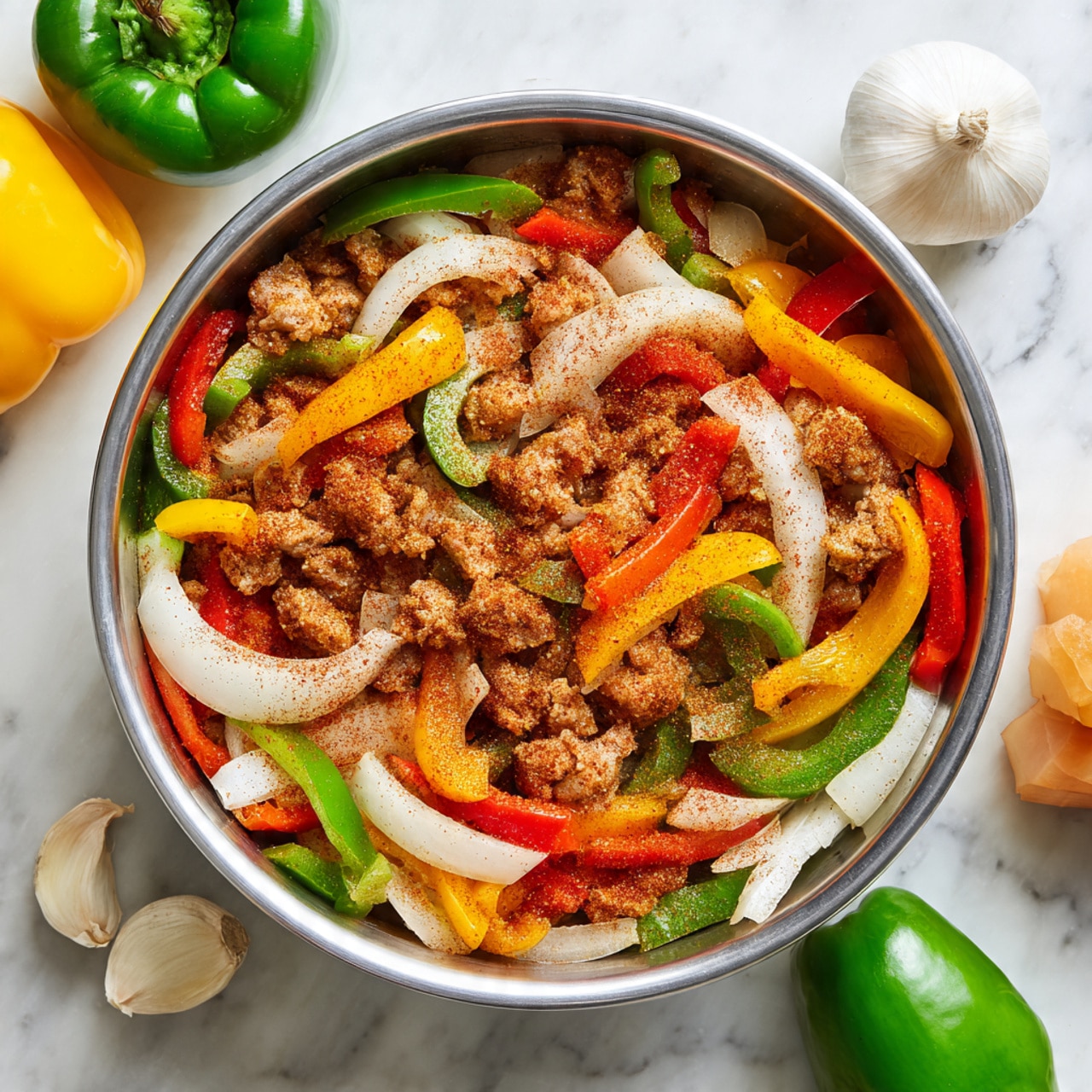 A shiny silver mixing bowl sits on a white marbled surface filled with chopped red, yellow, and green bell peppers along with thick slices of white onions mixed with pieces of light brown seasoned meat. The vegetables and meat are coated with a reddish-brown spice powder scattered unevenly across the layers. Around the bowl, parts of a green bell pepper, garlic bulb, and yellow bell pepper are visible, adding to the fresh cooking scene. Photo taken with an iphone --ar 4:5 --v 7