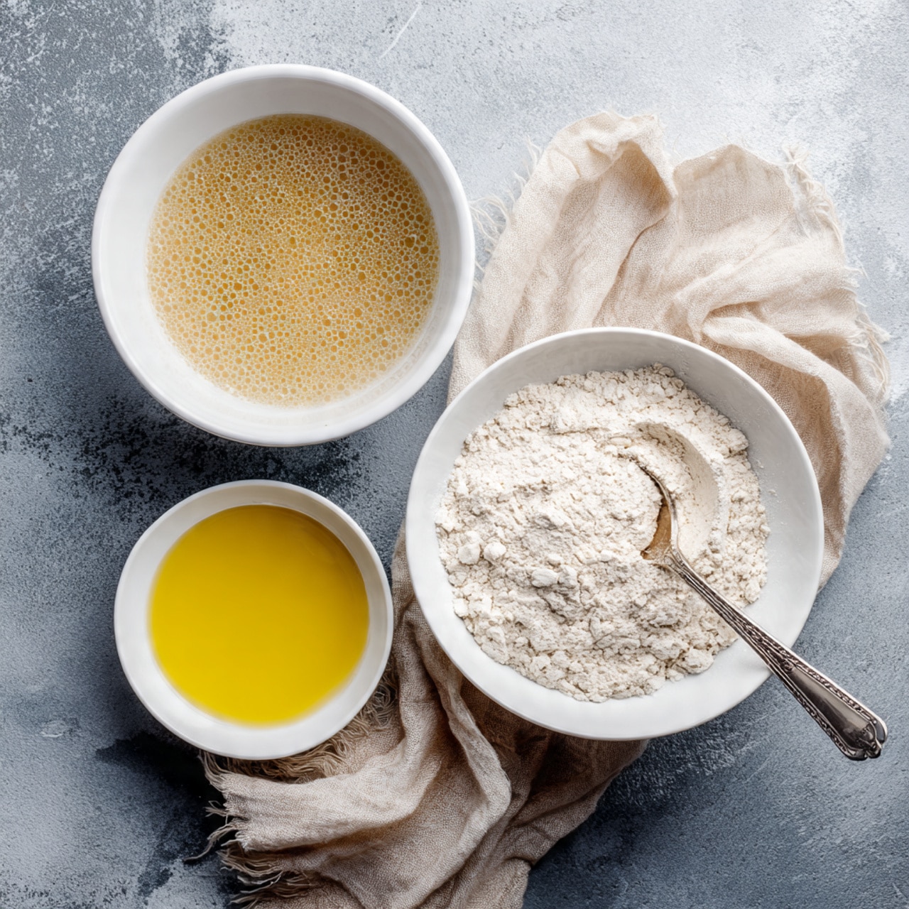 The image shows three bowls on a gray textured surface with a crumpled beige cloth draped between them. At the top, there is a white bowl filled with a bubbly light brown mixture that looks soft and thick. Below to the right, a white bowl is full of fine, pale flour with a detailed silver spoon resting inside it. On the left, a small white bowl holds a smooth, golden-yellow liquid. photo taken with an iphone --ar 4:5 --v 7