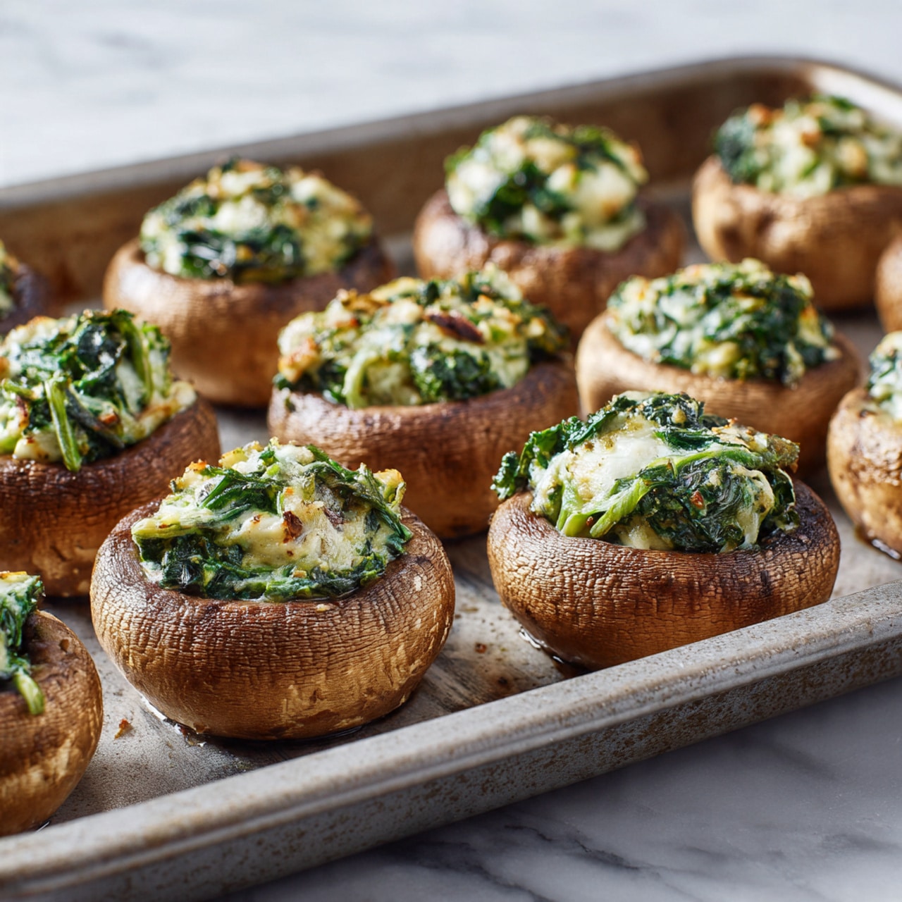 The image shows a close-up of a baking tray filled with large brown mushrooms, each hollowed out and filled with a green and creamy mixture. The mushrooms have a smooth, slightly shiny texture, and the filling looks thick with visible pieces of leafy greens and some bits of white creamy sauce. The tray is placed on a white marbled surface, and the mushrooms are neatly arranged in rows, showing different sizes but all uniformly stuffed. photo taken with an iphone --ar 4:5 --v 7