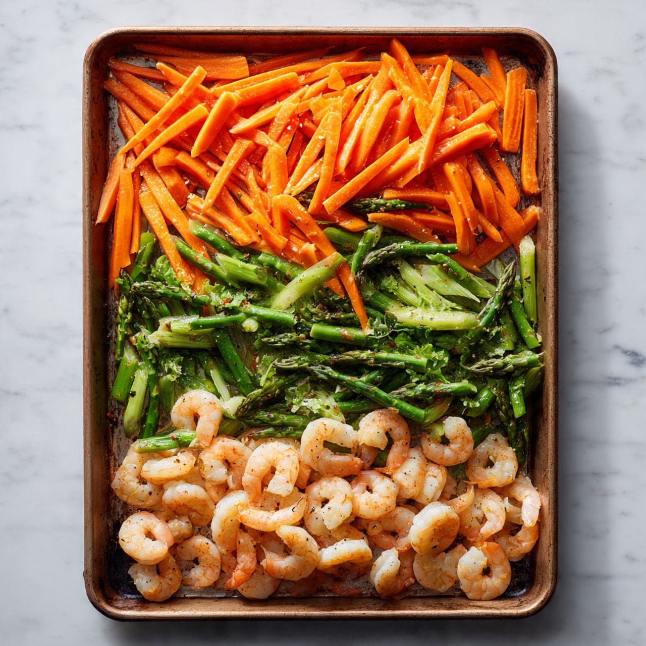 A large baking tray holds two main layers arranged side by side; the top half is filled with thin, uneven strips of bright orange carrots mixed with short, chopped green asparagus pieces, their textures slightly shiny and fresh-looking. The bottom half has a row of peeled shrimp, arranged loosely with their curved shapes visible and a light seasoning sprinkled on top, showing a white and pale beige color. The tray rests on a white marbled surface photo taken with an iphone --ar 4:5 --v 7