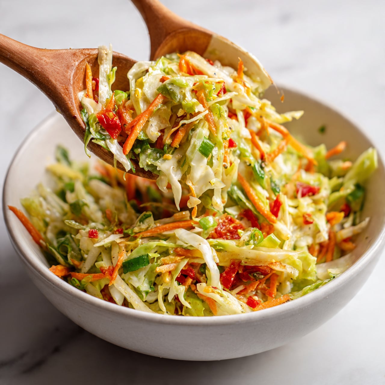 A white bowl filled with a colorful salad that has shredded light green cabbage, thin orange carrot strips, small bright green scallions, and pieces of red bell pepper, all mixed together. Two wooden spoons with white handles are lifting some salad above the bowl, showing the mix’s fresh and crunchy texture. The background and surface have a white marbled texture, giving a clean and fresh look to the scene. photo taken with an iphone --ar 4:5 --v 7