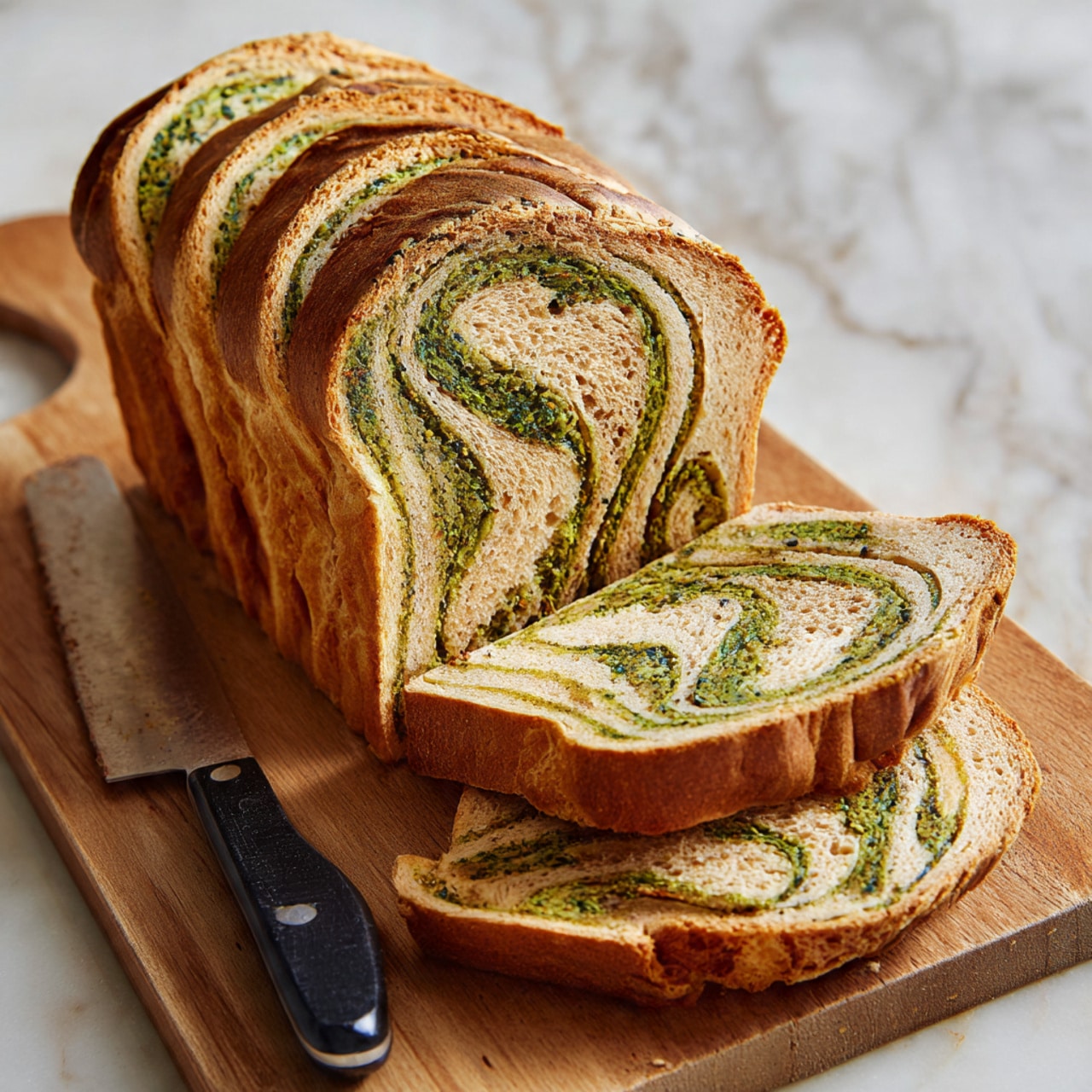 The image shows several slices of swirled bread with a green pesto-like filling layered evenly throughout. The bread has about six distinct layers, with light golden brown crust on the outer edge and a soft textured inside. The green herb filling creates thin, irregular stripes within the fluffy light beige bread. The slices are placed on a wooden board with visible grain lines, and one larger unsliced section of the same bread is in the top left corner. The green filling looks thick and slightly coarse, contrasting with the smooth bread layers. photo taken with an iphone --ar 4:5 --v 7