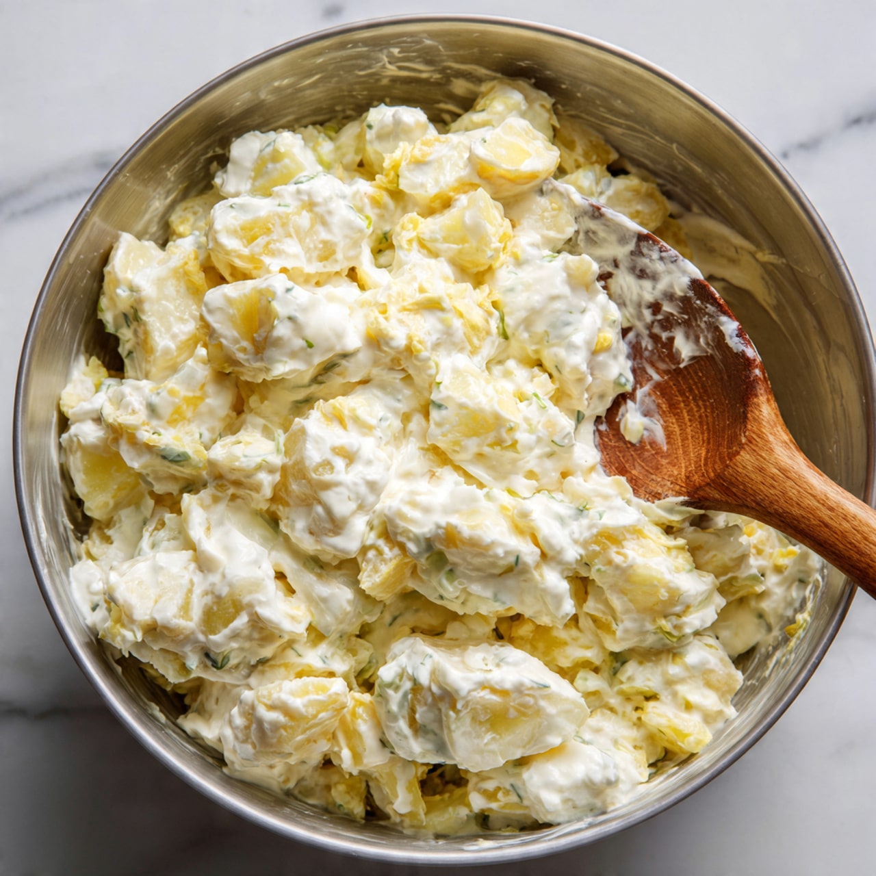 A close-up view of a large silver metal bowl filled with a thick, creamy salad made of white and pale yellow colors. The salad looks soft and chunky, with visible small pieces that appear to be potatoes or similar vegetables mixed well in the creamy dressing. A wooden spoon with white cream on it is partially inserted into the bowl, lifting some of the salad. The background is a white marbled surface. photo taken with an iphone --ar 4:5 --v 7
