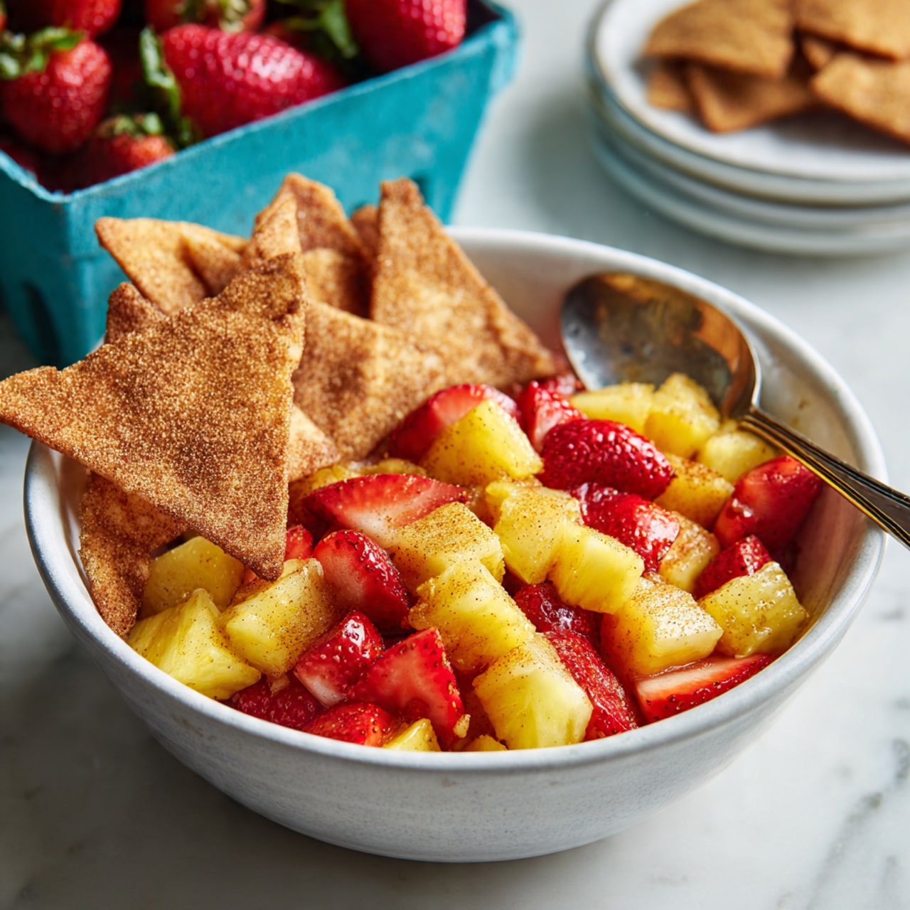 A white bowl on a white marbled surface filled with bright diced pineapple and red strawberries mixed together, creating a colorful fruit layer. On one side of the bowl, several crispy, lightly browned triangular chips with cinnamon and sugar coating are stacked against the fruit. A vintage silver spoon rests inside the bowl, scooping some of the fruit mix. In the background, additional chips and a blue carton with fresh strawberries add depth to the scene. Photo taken with an iphone --ar 4:5 --v 7