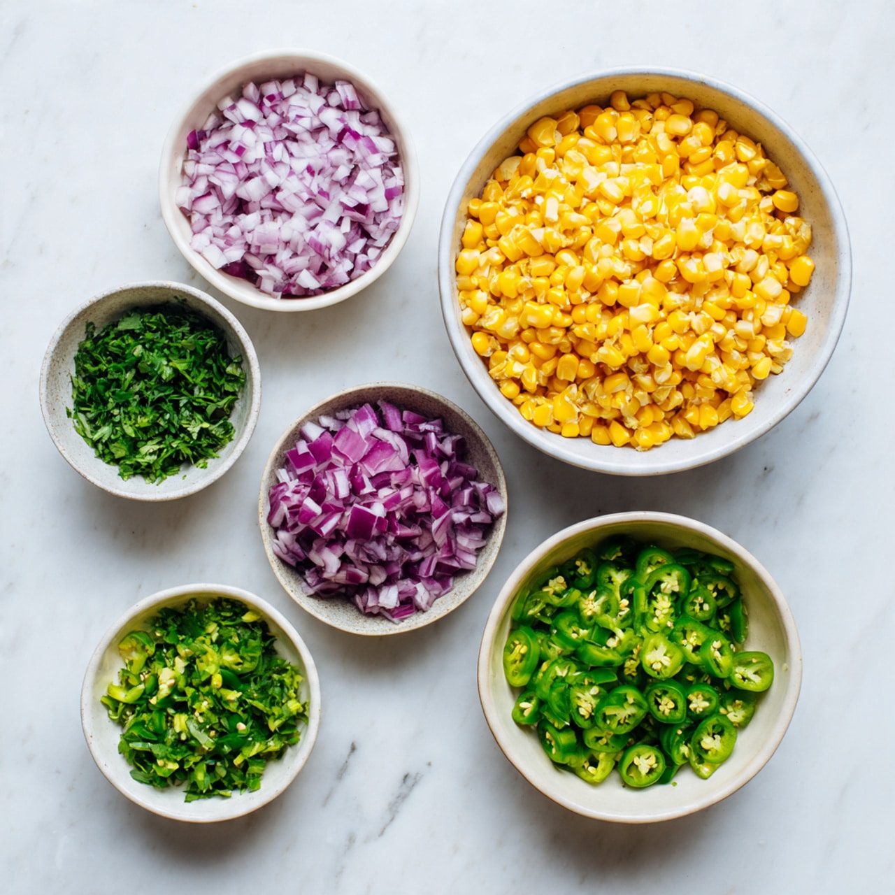 Five white bowls with different chopped ingredients are placed on a white marbled surface. The largest bowl, positioned on the right, is full of yellow corn kernels. The bottom-left bowl contains finely chopped red onions, showing a purple and white mix. Above it is a small bowl of chopped green chili peppers with a bright green color. To the left of the corn is another small bowl with finely chopped fresh green herbs. The last bowl, located below the herb bowl, holds more chopped green chili peppers that are slightly darker in color, all arranged neatly in a scattered layout. Photo taken with an iphone --ar 4:5 --v 7