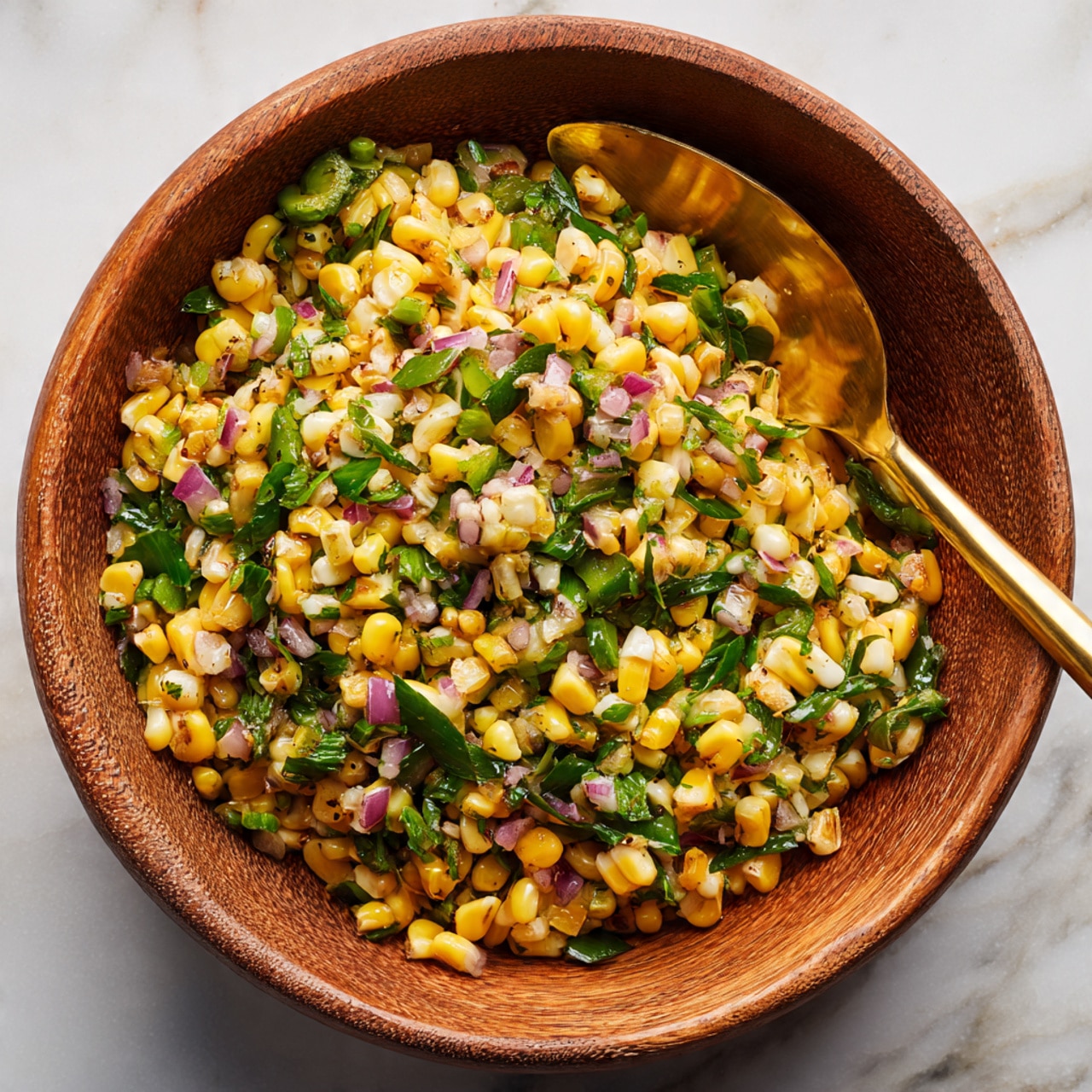 This image shows a close-up of a wooden bowl filled with a corn salad. The salad has three main layers: the bottom layer is made of yellow corn kernels, the middle layer has small green herbs and chopped green peppers, and the top layer includes bits of purple onion mixed throughout. A shiny golden spoon rests inside the bowl on the right side, catching some light. The background surface is a white marbled texture. Photo taken with an iphone --ar 4:5 --v 7