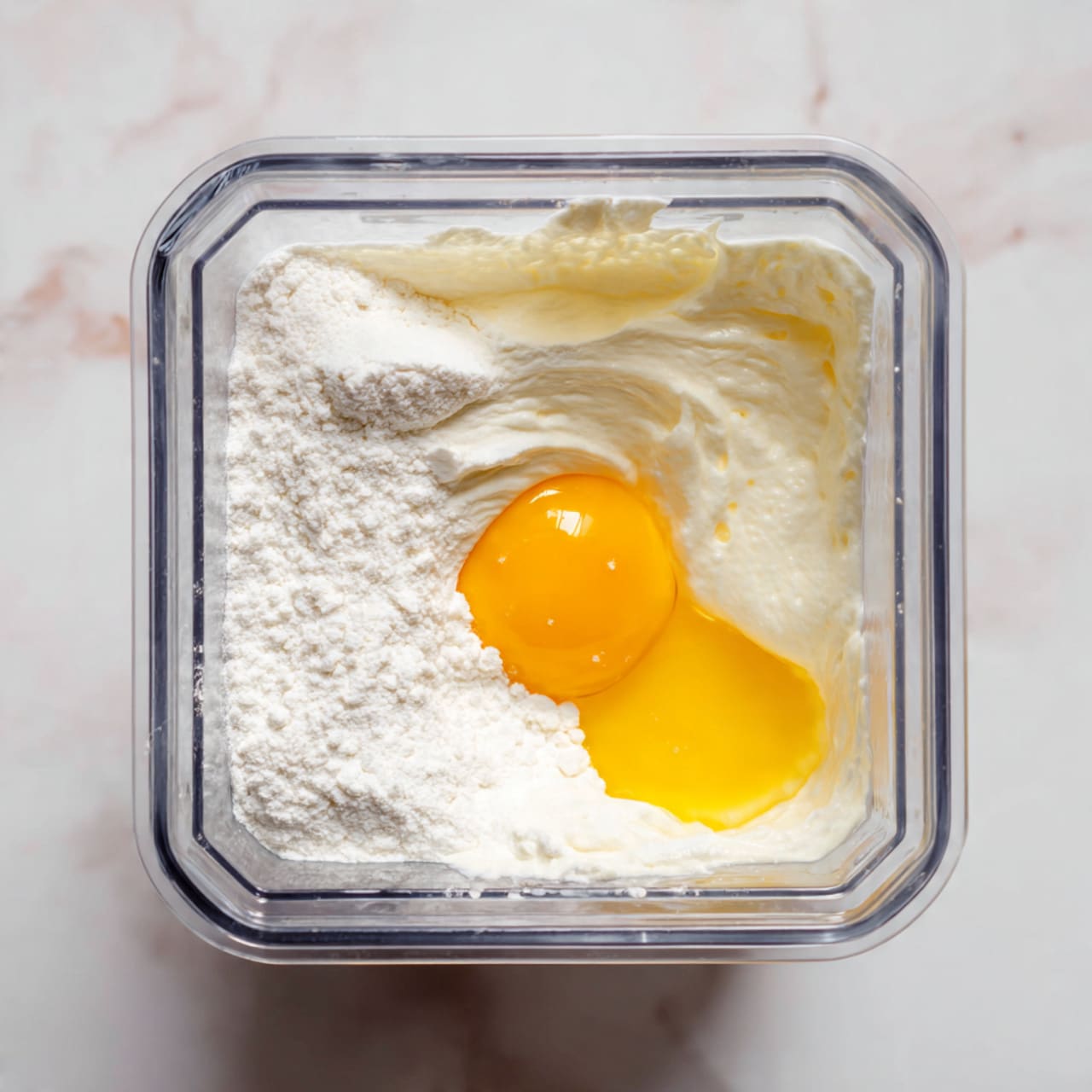The image shows a close-up top view of a blender container with three distinct layers inside it. At the bottom, there is a layer of white powder, appearing soft and settled. Above this, there is a layer of thick white cream or frothy texture spreading unevenly across the surface. On one side, there is a bright orange egg yolk partly mixed with some clear liquid, creating a shiny, smooth surface. The container is clear and square-shaped, and it sits on a white marbled background. photo taken with an iphone --ar 4:5 --v 7