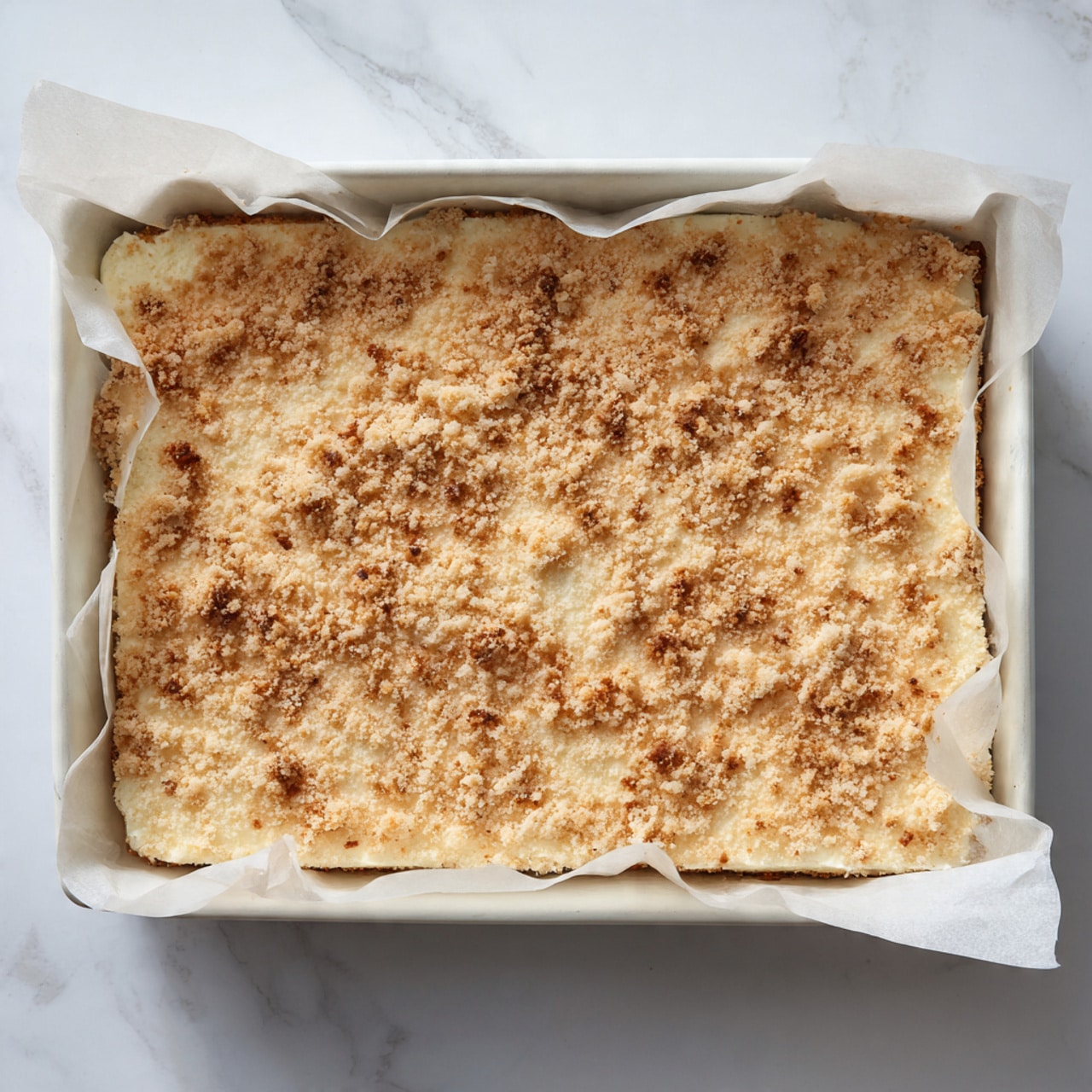 The image shows a single-layer rectangular dessert in a white baking pan lined with parchment paper. The top layer is light beige with a crumbly texture and small brown bits scattered throughout. The edges are slightly darker, indicating slight browning from baking. The surface looks soft with a rough, grainy texture but no visible decoration or toppings, sitting on a white marbled background. Photo taken with an iphone --ar 4:5 --v 7