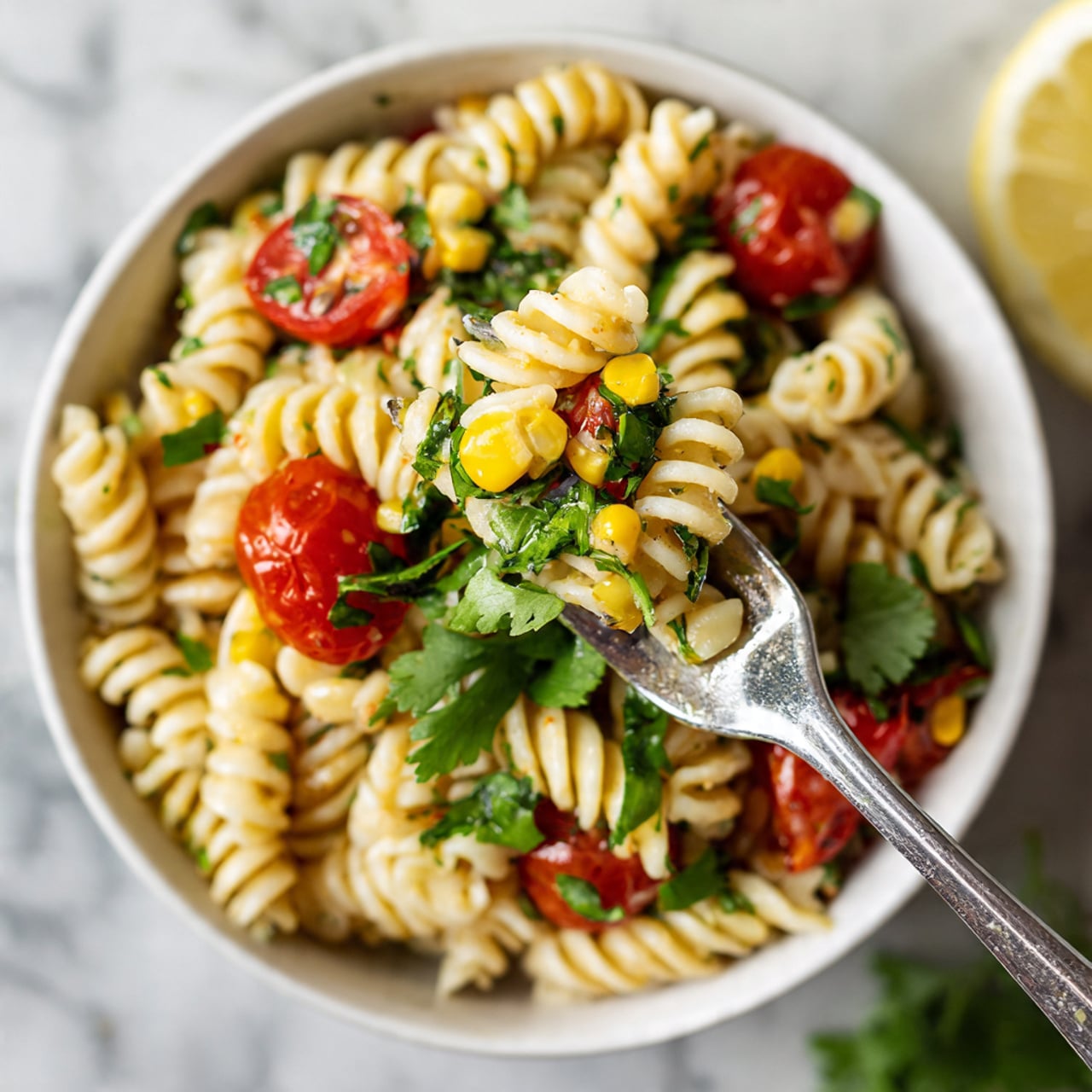 A close-up of a white bowl filled with a pasta salad featuring three main layers: the bottom layer is light yellow spiral pasta, mixed with small pieces of green leafy herbs scattered throughout, the middle layer has bright red cherry tomato halves evenly spread, and the top layer features fresh green cilantro leaves adding texture and color. A silver fork holds a bite with a mix of pasta, a cherry tomato half, a yellow corn kernel, and a cilantro leaf, positioned above the bowl. The scene is set on a white marbled surface with a lemon wedge partially visible in the background. Photo taken with an iphone --ar 4:5 --v 7