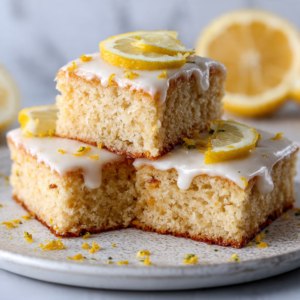 The image shows three square lemon cake pieces stacked on a white plate with a textured surface. Each cake piece has a golden brown crumb layer topped with a smooth white glaze that drips slightly over the edges. On top of the glaze, there are thin lemon wedge slices and small bits of lemon zest scattered around. The background features a white marbled texture with a blurred half lemon in the corner. The texture of the cake looks moist and soft with a rough crumb, while the glaze appears shiny and creamy. Photo taken with an iphone --ar 4:5 --v 7