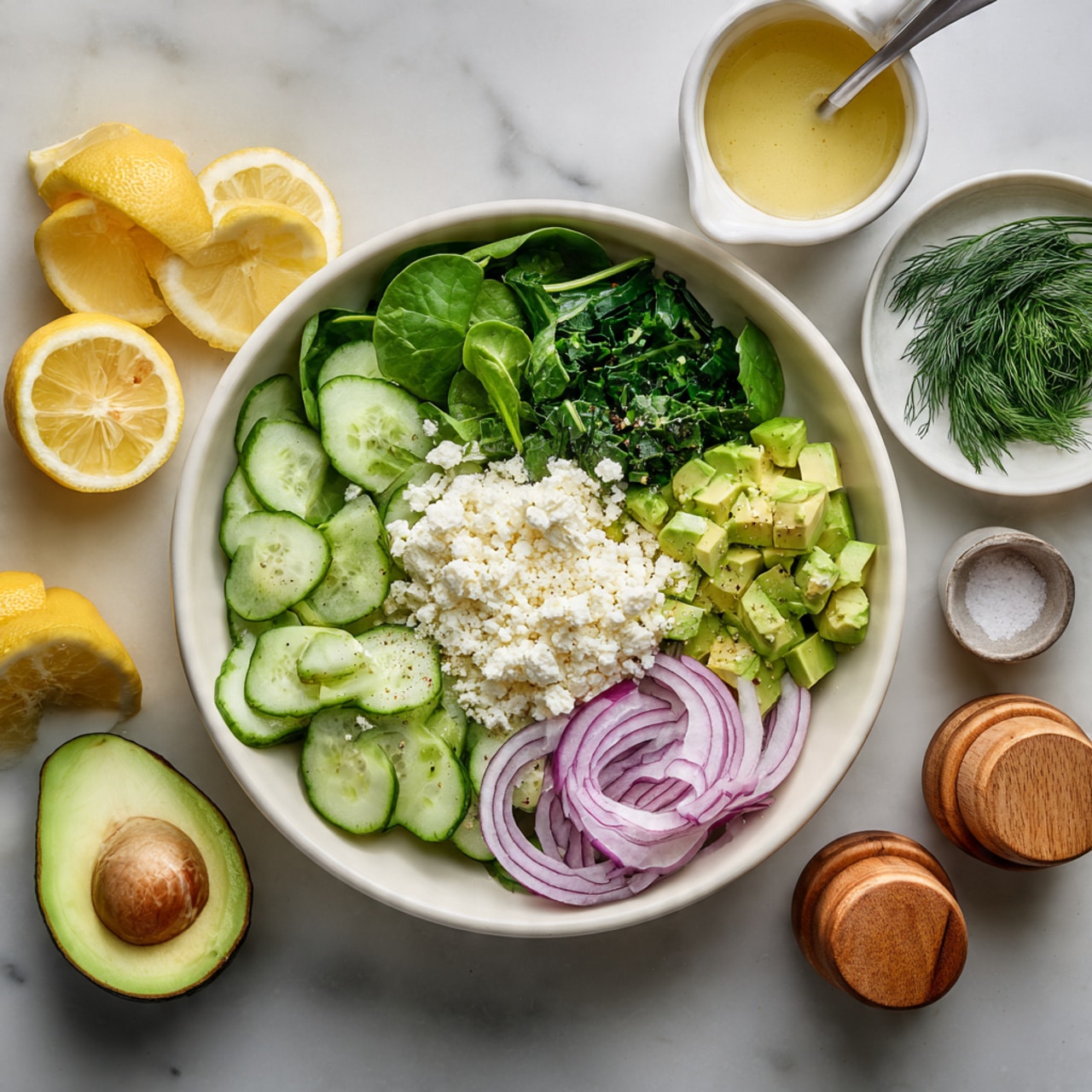 A white bowl contains a fresh salad arranged in layers: on the left, thin slices of light green cucumber; next to that, a pile of white crumbled cheese; above it, chopped dark green spinach leaves; to the right, light green chunks of avocado; below that, a bunch of dark green dill; and at the bottom right, thin rings of purple and white onion. Around the bowl, on a white marbled surface, there is a halved avocado showing green flesh and brown seed, lemon halves, a small white bowl with green dill, a white sauce container with mustard yellow dressing and a whisk inside, a glass with light yellow liquid, and wooden pepper and salt containers. Photo taken with an iphone --ar 4:5 --v 7