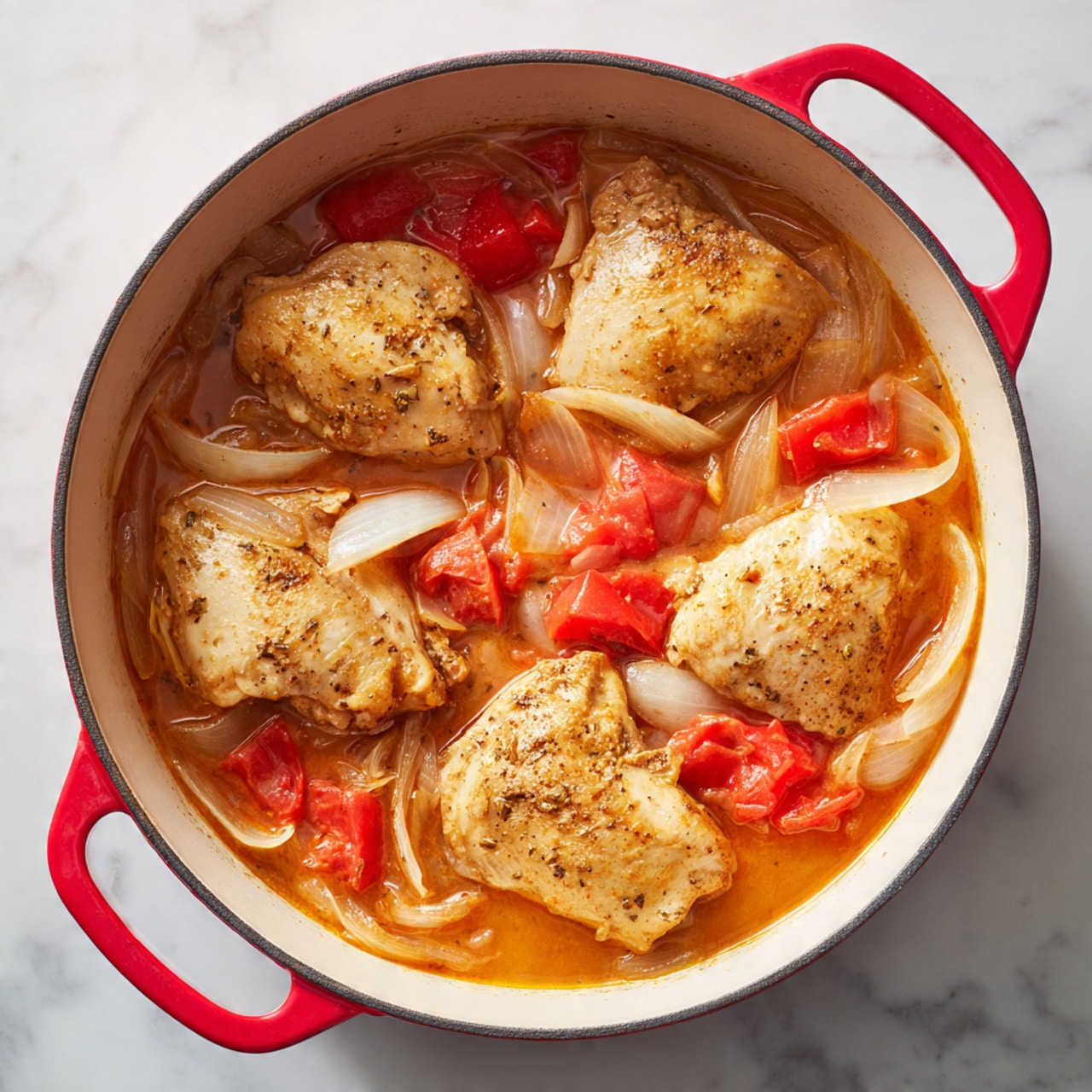 A red pot with white inside is shown from above on a white marbled surface. Inside the pot, there are four cooked light brown chicken pieces laid over a mix of sliced translucent onions and chunks of red tomatoes, all simmering in a orange-brown sauce with a thin, slightly oily texture. The onions appear soft and slightly translucent, floating in the sauce, while the chicken pieces have a tender, smooth surface. Photo taken with an iphone --ar 4:5 --v 7