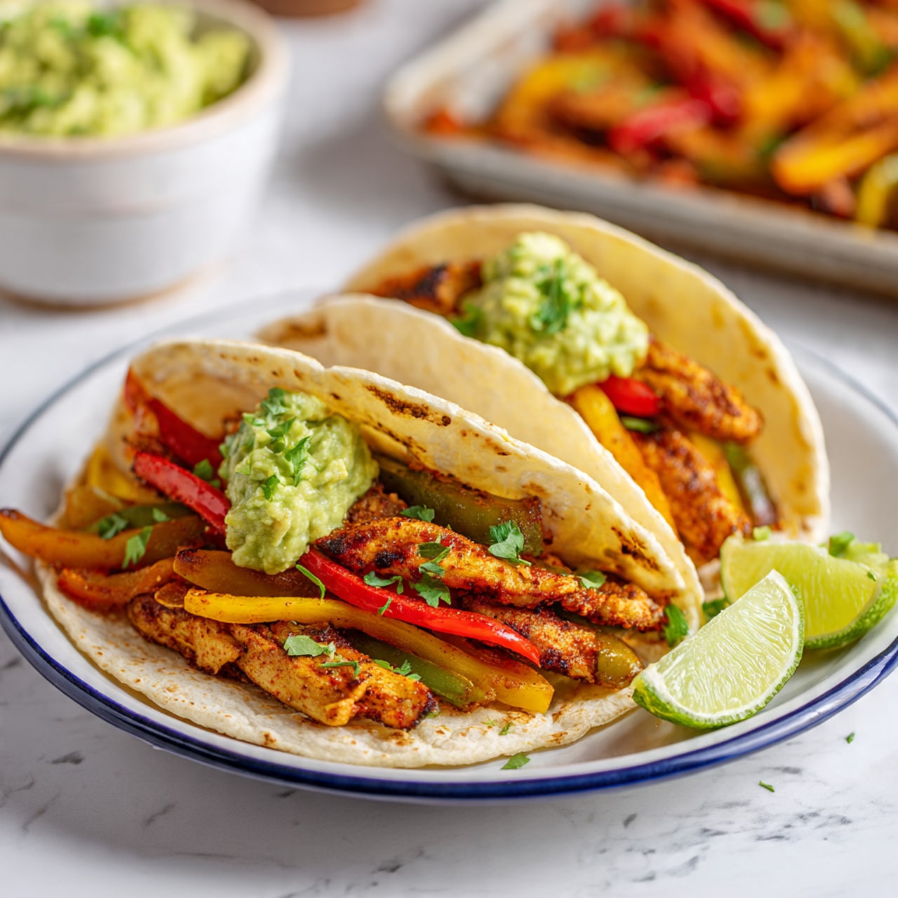 Two soft tortillas sit on a white plate with a blue rim, each filled with three layers: the bottom layer is golden-brown grilled strips of chicken, the middle layer is red, yellow, and green bell pepper slices with grilled onion pieces, and the top layer on one of the tortillas is a dollop of chunky green guacamole with bits of tomato. Small, bright green lime wedges sit on the plate and around it on a white marbled surface. In the background, there is a white bowl filled with creamy guacamole and a tray with more grilled chicken and peppers, showing reddish-brown seasoning on the food. The scene looks bright and fresh, photo taken with an iphone --ar 4:5 --v 7