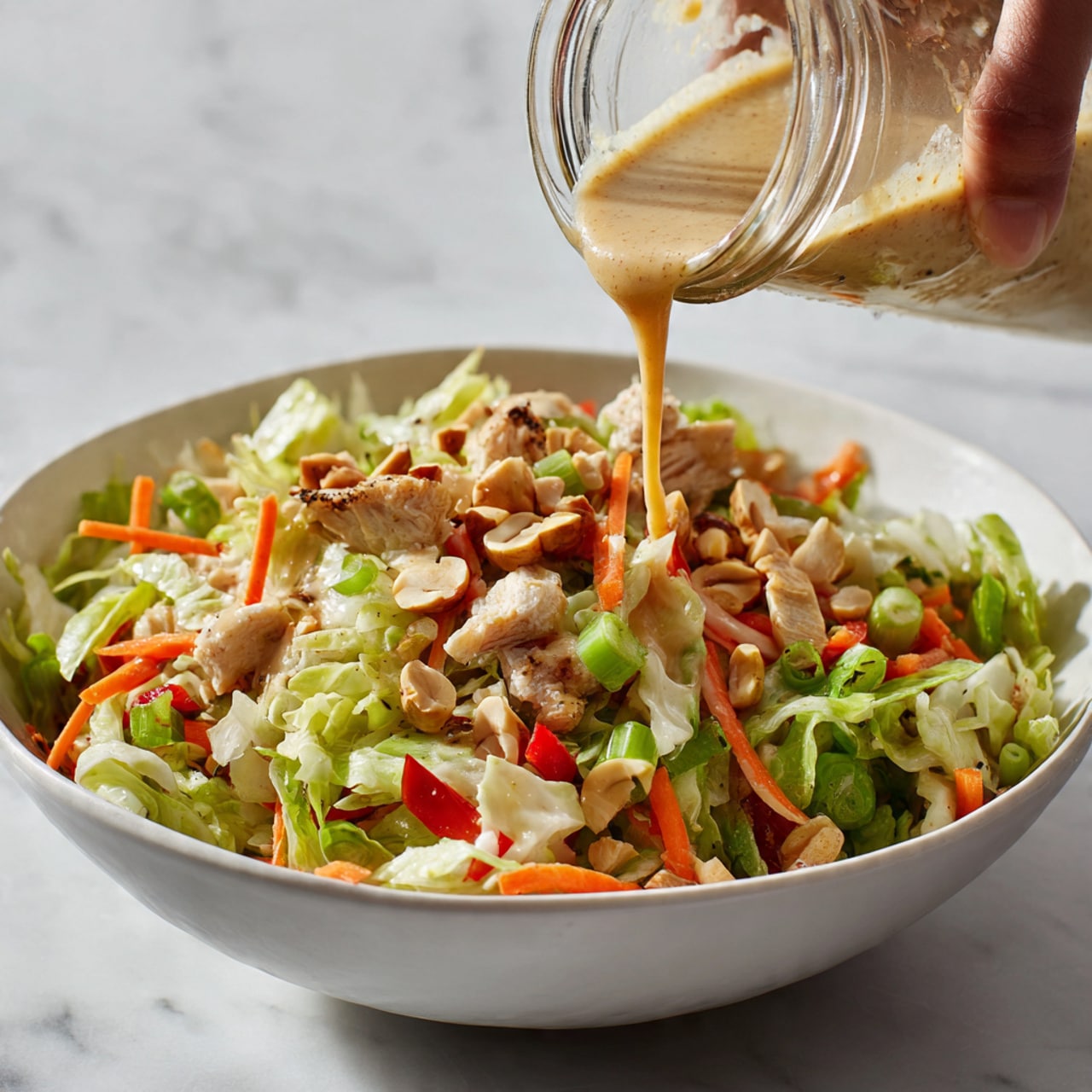 A white bowl full of a colorful salad made of shredded green cabbage, orange carrot strips, light green celery, and red bell pepper pieces, topped with beige chopped nuts and light brown small chicken pieces, all mixed together. A woman's hand is holding a clear jar tilted down, pouring a light brown, creamy dressing over the salad. The background and surface have a white marbled texture. Photo taken with an iphone --ar 4:5 --v 7