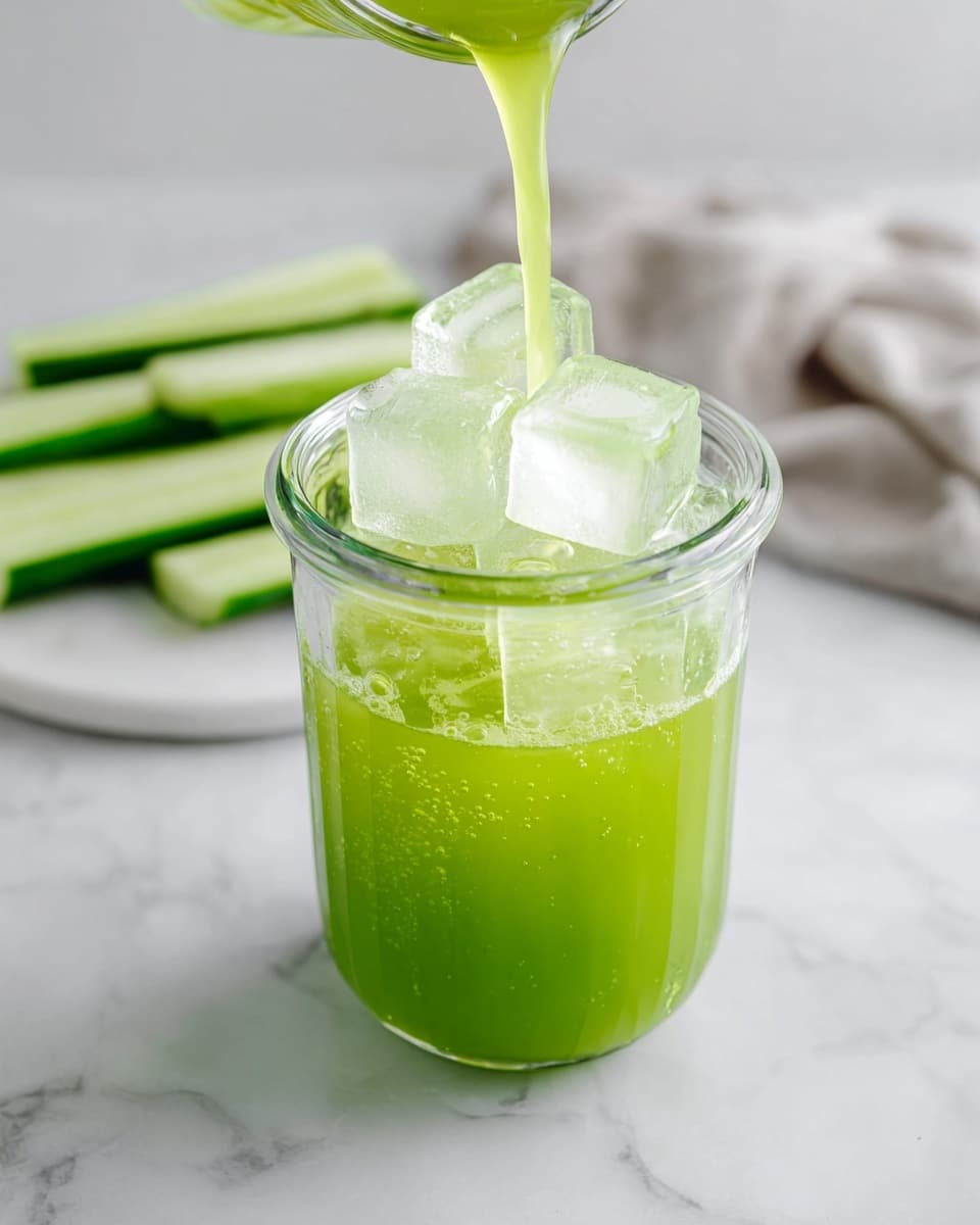 A clear glass jar filled about halfway with bright green juice. On top of the juice, there are several large, translucent ice cubes stacked to the top of the jar. A stream of the same green juice is being poured into the jar from above, causing some bubbles where it meets the liquid below. In the background, there are several sliced cucumber sticks lying on a white marbled surface, with a soft, blurred cloth in the far right corner. The entire scene rests on a white marbled texture. photo taken with an iphone --ar 4:5 --v 7