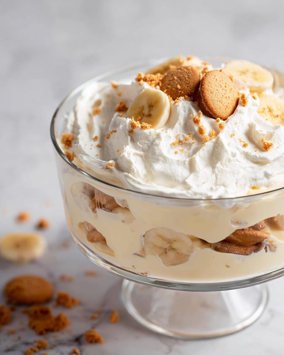 The image shows a clear glass trifle bowl filled with three visible layers. The bottom and middle layers consist of a smooth, creamy white mixture. Between these, there is a layer of golden-brown round cookies. Between each cream layer and cookies, there are slices of banana arranged in a ring around the inside of the bowl. The top is covered with a layer of more slices of bananas and cookies mixed with the cream, creating a soft textured top with different shapes and colors. A silver spoon is inserted into the top layer, and the bowl sits on a surface with a white marbled texture. Photo taken with an iphone --ar 4:5 --v 7