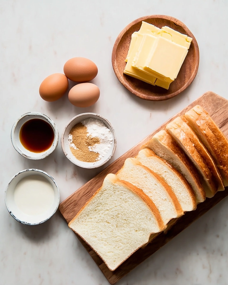 The image shows ingredients neatly arranged on a white marbled surface. There is a wooden board with seven thick white bread slices, soft and light in color, arranged in a slightly fanned-out stack on the right side. To the top right of the board, a round wooden plate holds several rectangular yellow butter pieces stacked evenly. Near the center, two brown eggs lay side by side. Around the eggs, three small white bowls hold different ingredients: one with a dark brown liquid, another with white cream, and the last with light brown powder. The overall scene is bright and simple. Photo taken with an iphone --ar 4:5 --v 7