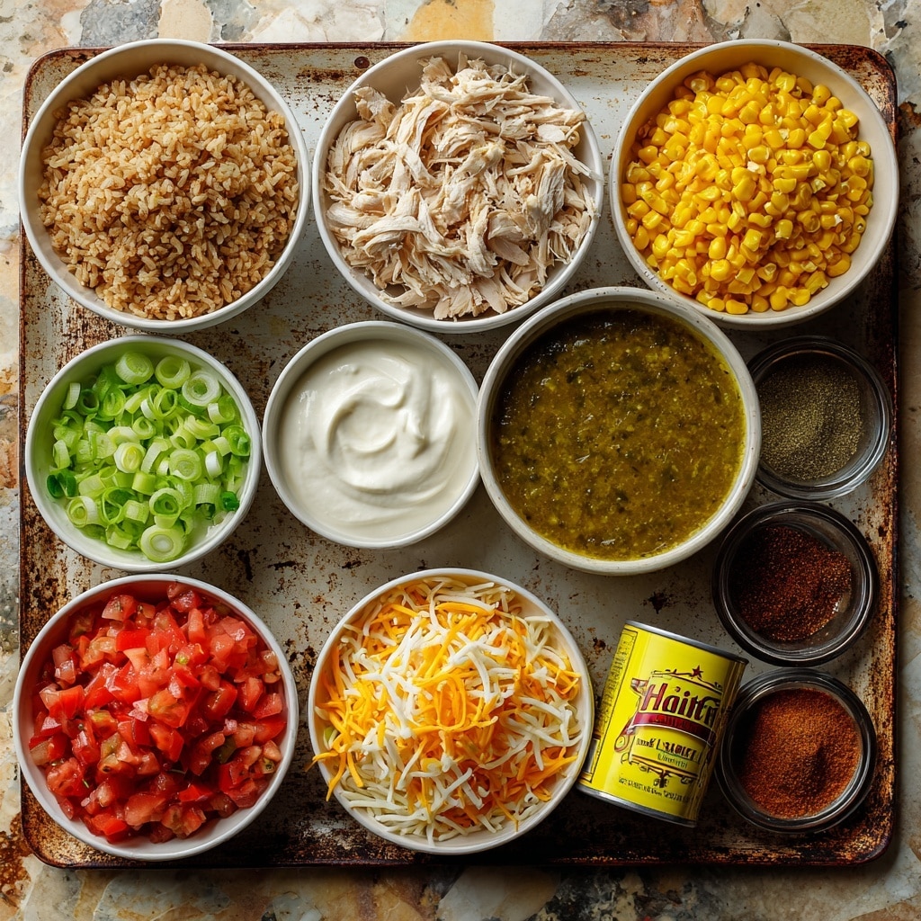 The image shows nine white bowls on a rusty metal tray with a white marbled tabletop. The bowls contain different ingredients: cooked brown rice with a grainy texture in the top left, shredded white chicken with some brown parts to the right of the rice, and a bowl of bright yellow corn to the right of the chicken. Below the rice is a bowl of sliced green onions, and next to it is a bowl of white sour cream with a smooth texture. In the center is a bowl of green chile sauce with a chunky, saucy texture. Below the sour cream is a bowl with mixed shredded white and orange cheese. To the bottom left is a bowl filled with diced tomatoes showing a bright red color with black grill marks. Lastly, at the bottom right corner is a small bowl with four ground spices: green, dark red, brown, and off-white powders. There is also a yellow can of Hatch green chile enchilada sauce placed between the rice and green chile sauce. photo taken with an iphone --ar 4:5 --v 7