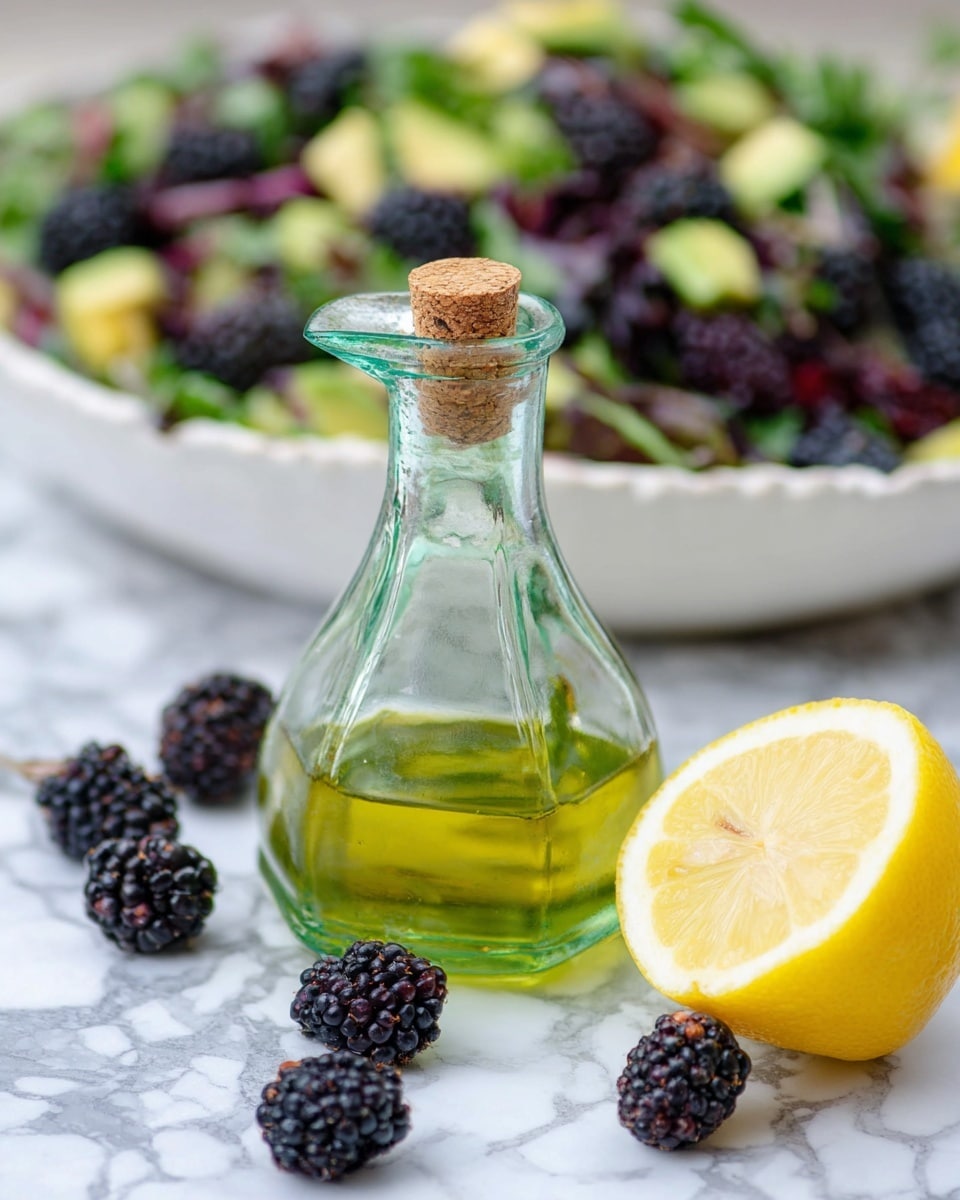 A clear glass container with a cork lid filled with light green oil sits in the center foreground on a white marbled surface. To the right of the container is a half lemon with bright yellow skin and pale yellow inside. Scattered around are several fresh blackberries, dark purple with a bumpy texture. In the background, a white bowl holds a salad made of dark purple blackberries, small green leaves, and light green chunks of avocado, creating a colorful and fresh mix. Photo taken with an iphone --ar 4:5 --v 7