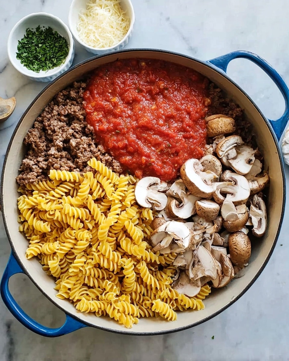 A large white pot with blue handles is shown from above, filled with four clear layers arranged side by side. The bottom layer is dark brown cooked ground meat. On top of that and slightly to the left is a bright red tomato sauce with a smooth texture. To the right is a pile of fresh, sliced brown mushrooms with white insides. At the front and center, a heap of uncooked yellow spiral pasta sits on top of the other ingredients. The pot rests on a white marbled surface. Nearby are small white bowls, one with green herbs and another with grated cheese. Photo taken with an iphone --ar 4:5 --v 7