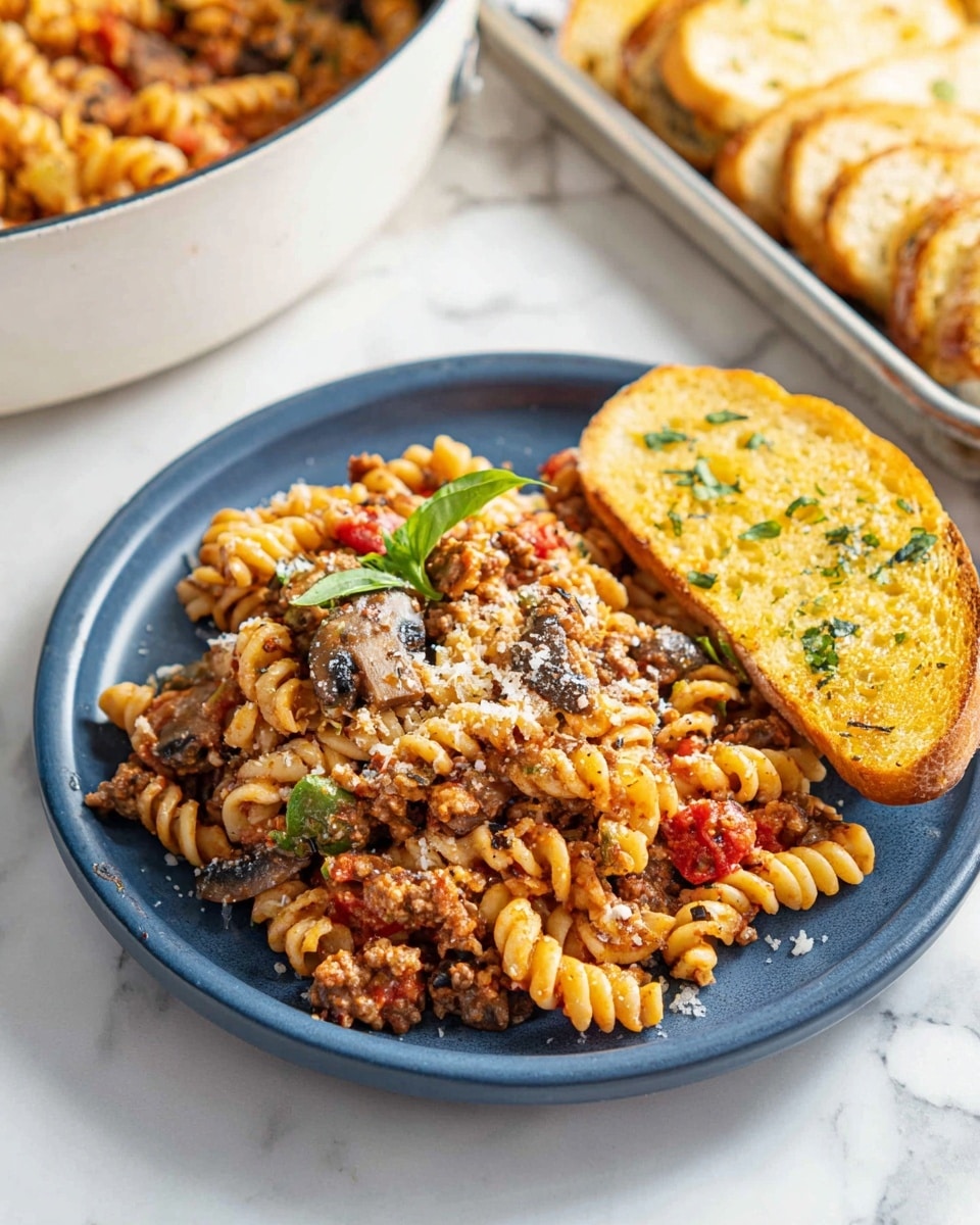 A white plate holds a serving of rotini pasta mixed with ground meat, diced tomatoes, and small pieces of mushrooms, all coated in a reddish sauce with specks of green herbs. The pasta dish is topped with a light sprinkling of grated cheese and a few fresh green basil leaves. Next to the pasta, on the right side of the plate, there is a slice of toasted garlic bread with a golden-brown crust and flecks of green herbs visible on the surface. In the background, on a white marbled surface, a white pan with more pasta and a metal tray with extra slices of garlic bread can be seen. photo taken with an iphone --ar 4:5 --v 7