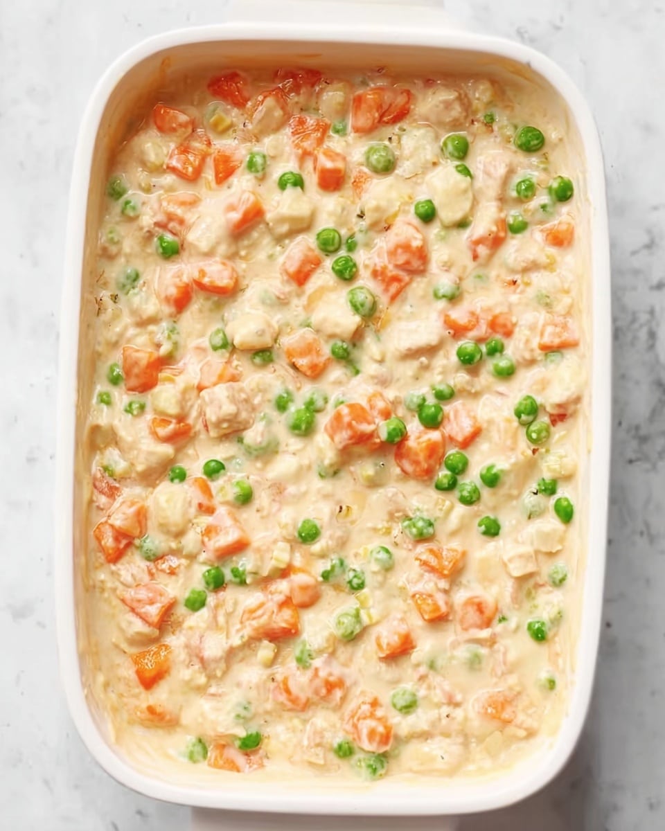 The image shows a white rectangular dish filled with a creamy mixture, mostly light beige in color with a smooth, thick texture. There are three main layers of visible ingredients: bright orange carrot slices, small round green peas scattered throughout, and small white chunks of what looks like soft cooked meat or tofu evenly spread. The creamy sauce covers all ingredients evenly, creating a uniform, rich appearance. The dish sits on a white marbled surface. photo taken with an iphone --ar 4:5 --v 7