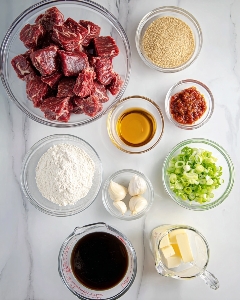 A clear glass bowl at the top holds many pieces of raw red meat with white marbled texture. Below it to the right, there is a small clear glass container filled with light orange-brown brown sugar. To the right, another small clear glass bowl has chopped fresh green onions with white and green parts. Above it to the right, a white container with a golden lid is filled with white sesame seeds. Next to it, a small clear bowl contains a red chunky paste. Below, a small clear bowl has three whole peeled white garlic cloves. Below the green onions to the left, there's a small clear bowl with a golden brown liquid, likely honey. Centered lower, a clear bowl holds a heap of white powder, possibly flour or cornstarch. Below and to the right, a clear measuring cup with a yellow lid is filled with a dark brown liquid, likely soy sauce. At the lower left, there is a small clear bowl with a clear liquid, possibly vinegar. Finally, at the bottom right corner, a small clear bowl holds a piece of solid pale yellow butter or similar. All items are placed on a white marbled surface. Photo taken with an iphone --ar 4:5 --v 7
