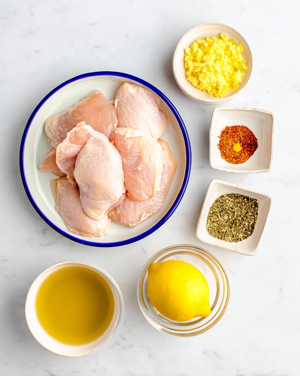 A white plate with blue rim sits on a white marbled surface holding several raw light pink chicken pieces stacked unevenly in the center. To the left of the plate is a small white square bowl filled with bright yellow minced garlic. Below that is a white round bowl with golden yellow chicken broth. To the right of the broth, a whole bright yellow lemon rests directly on the surface. On the right side near the top is a small white square bowl filled with a mix of spices showing green, dark brown, pale yellow, and reddish-orange colors. Below the spices is a small clear glass bowl with pale yellow oil. The scene is clean and bright with even lighting photo taken with an iphone --ar 4:5 --v 7
