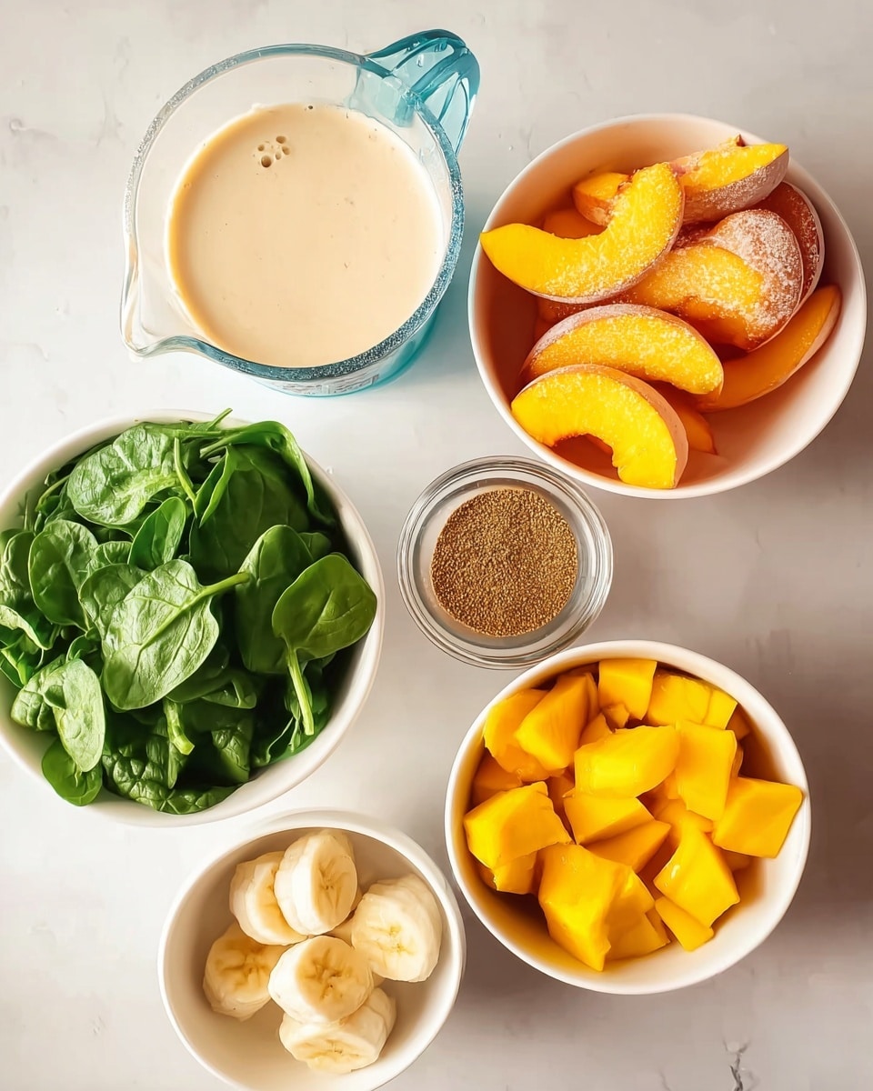 The image shows six white bowls and a glass measuring cup arranged on a white marbled surface. The top left measuring cup contains a creamy light beige liquid. Below it, a small white bowl holds a ground brown spice. To the right is a medium white bowl filled with bright orange peach slices with some frost on them. Below that bowl is another medium white bowl with vibrant yellow frozen mango chunks. To the left of this bowl is a small white bowl with peeled banana pieces. Above the banana bowl, a larger white bowl is filled with fresh, bright green spinach leaves. The textures range from smooth liquids and soft fruit pieces to leafy spinach and powdery spice. photo taken with an iphone --ar 4:5 --v 7