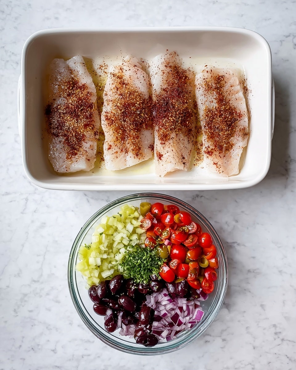 A white rectangular dish holds four fish fillets side by side, each seasoned with a light dusting of reddish brown spice and black pepper, slightly shiny with a touch of butter underneath. Below the dish, a clear glass bowl contains chopped ingredients arranged in groups: bright red halved cherry tomatoes on the left, minced light yellow garlic on the top left, sliced green olives at the top right, finely chopped red onions to the right, dark purple sliced olives at the bottom, all topped with green herbs sprinkled in the middle. The setup is on a white marbled surface. Photo taken with an iphone --ar 4:5 --v 7