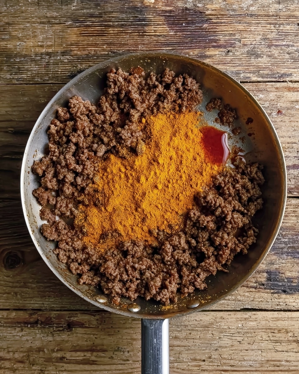 A metal pan filled with browned ground meat spreading across the bottom. On top of the meat in the center, there is a pile of bright orange-yellow powdered spice, with a small splash of reddish oil nearby. The pan handle points downwards, and the pan is placed on a wooden surface. photo taken with an iphone --ar 4:5 --v 7